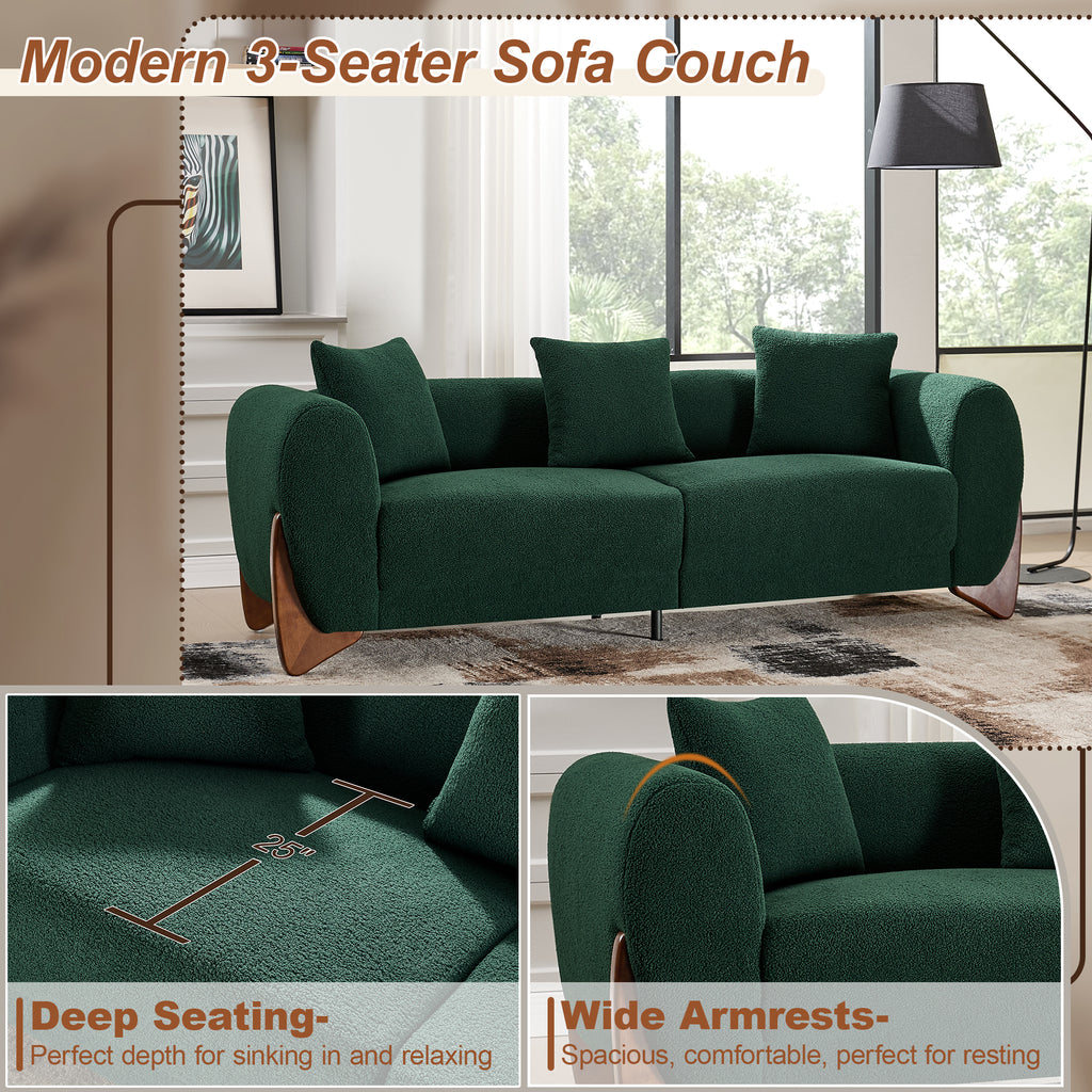 87" Boucle Couch with Solid Wood Legs, Green