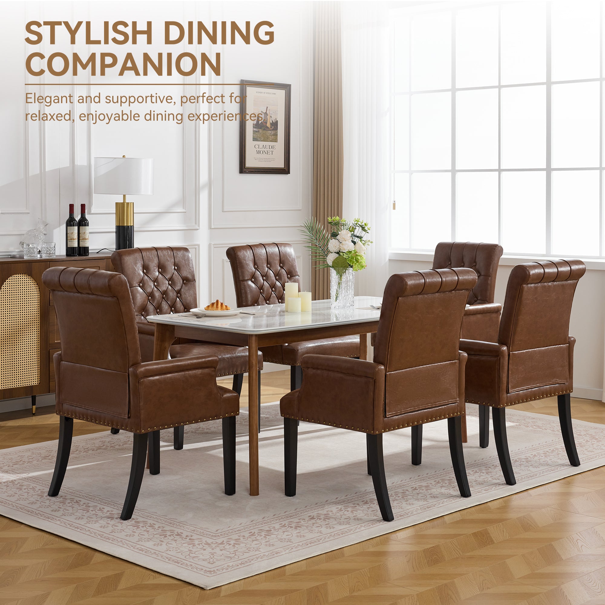 PU Leather Dining Chair with Arms, Brown