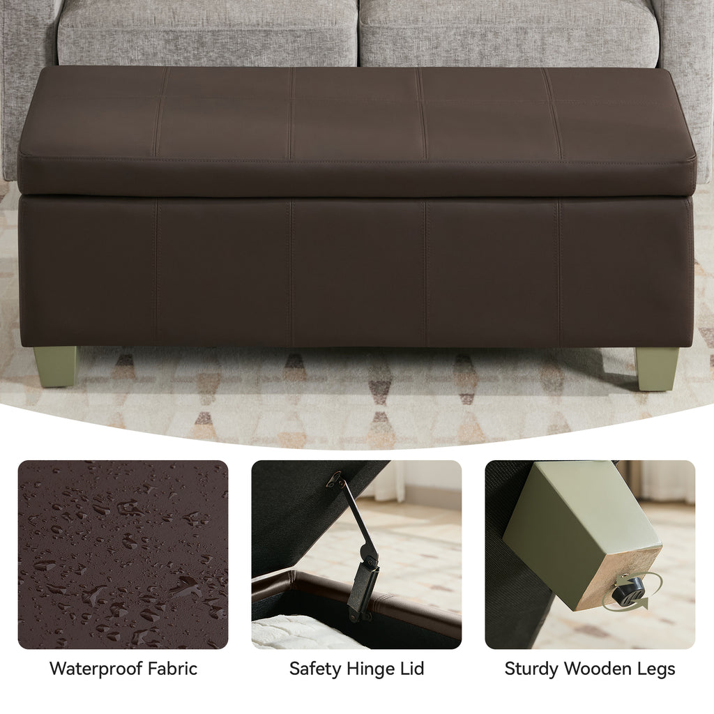 Faux Leather Storage Ottoman Bench, Rectangle Upholstered Storage Bench with Wooden Legs, Stitch Tufted Bench with Storage for Bedroom, Living Room, Entryway