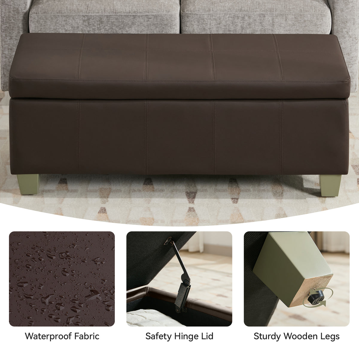 Faux Leather Storage Ottoman Bench, Rectangle Upholstered Storage Bench with Wooden Legs, Stitch Tufted Bench with Storage for Bedroom, Living Room, Entryway
