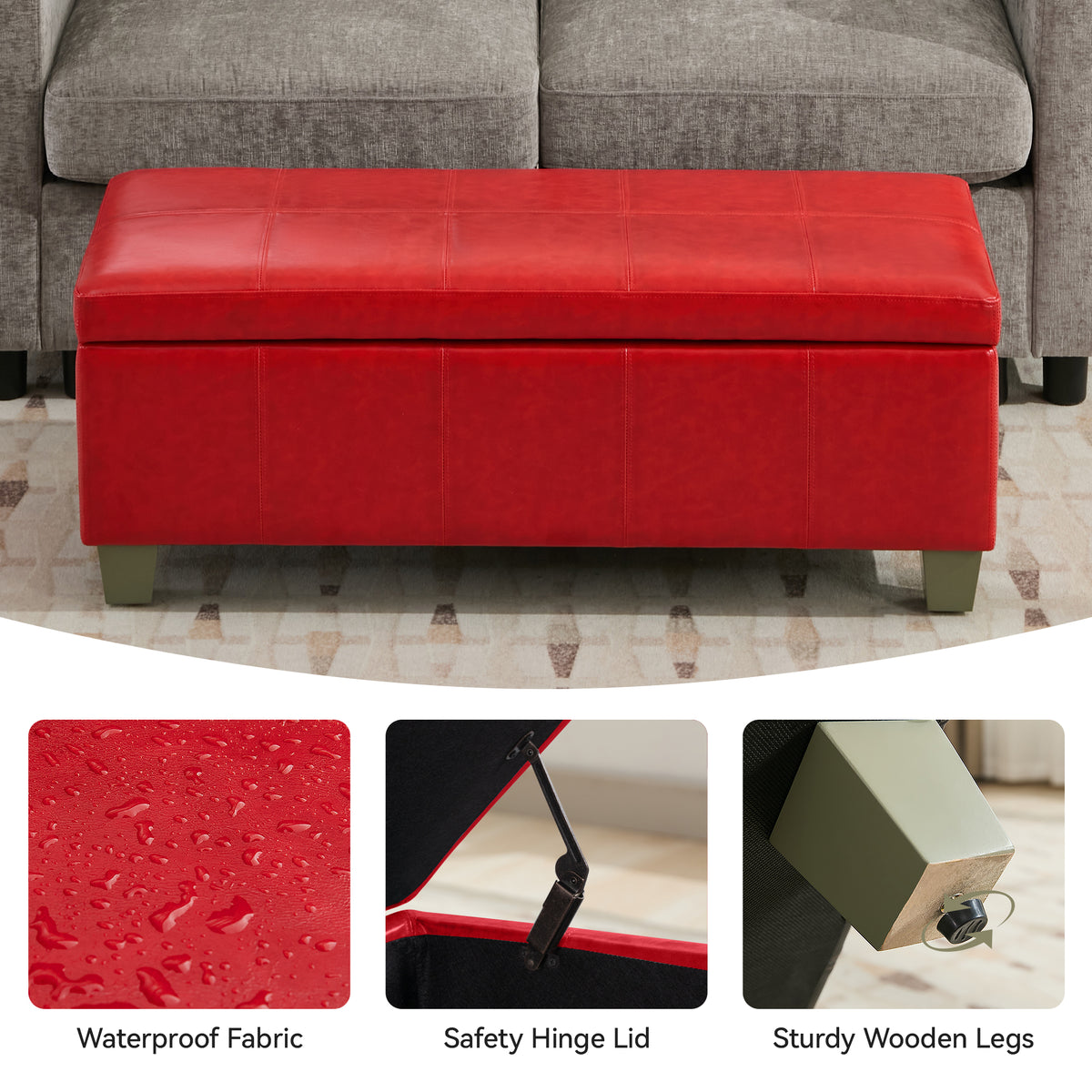 Faux Leather Storage Ottoman Bench, Rectangle Upholstered Storage Bench with Wooden Legs, Stitch Tufted Bench with Storage for Bedroom, Living Room, Entryway