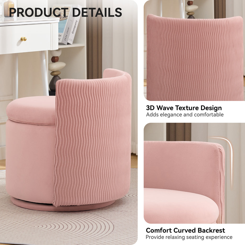Velvet Swivel Accent Chair with Storage, 360° Vanity Makeup Chair with Wave Back, No Assembly Comfy Single Sofa Chair, Small Accent Stool for Bedroom, Dressing, Living Room