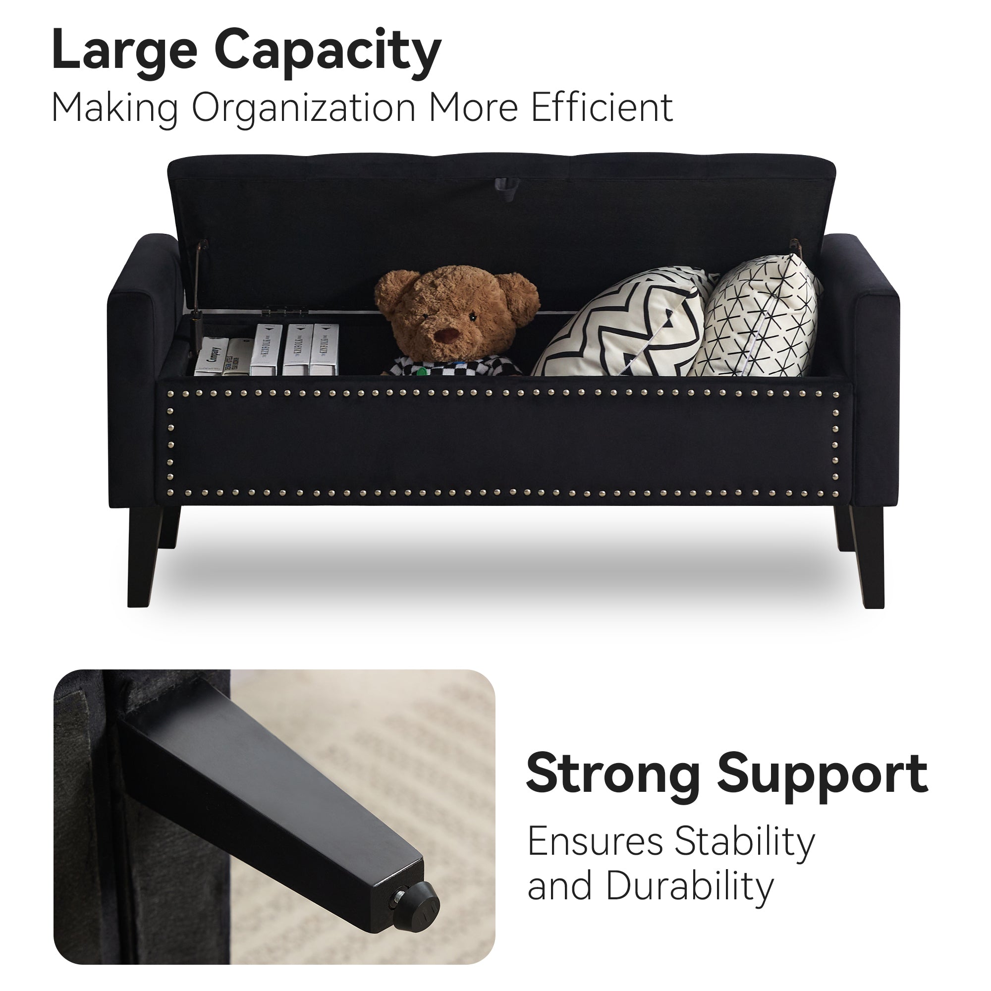 47" Velvet Storage Bench，Black