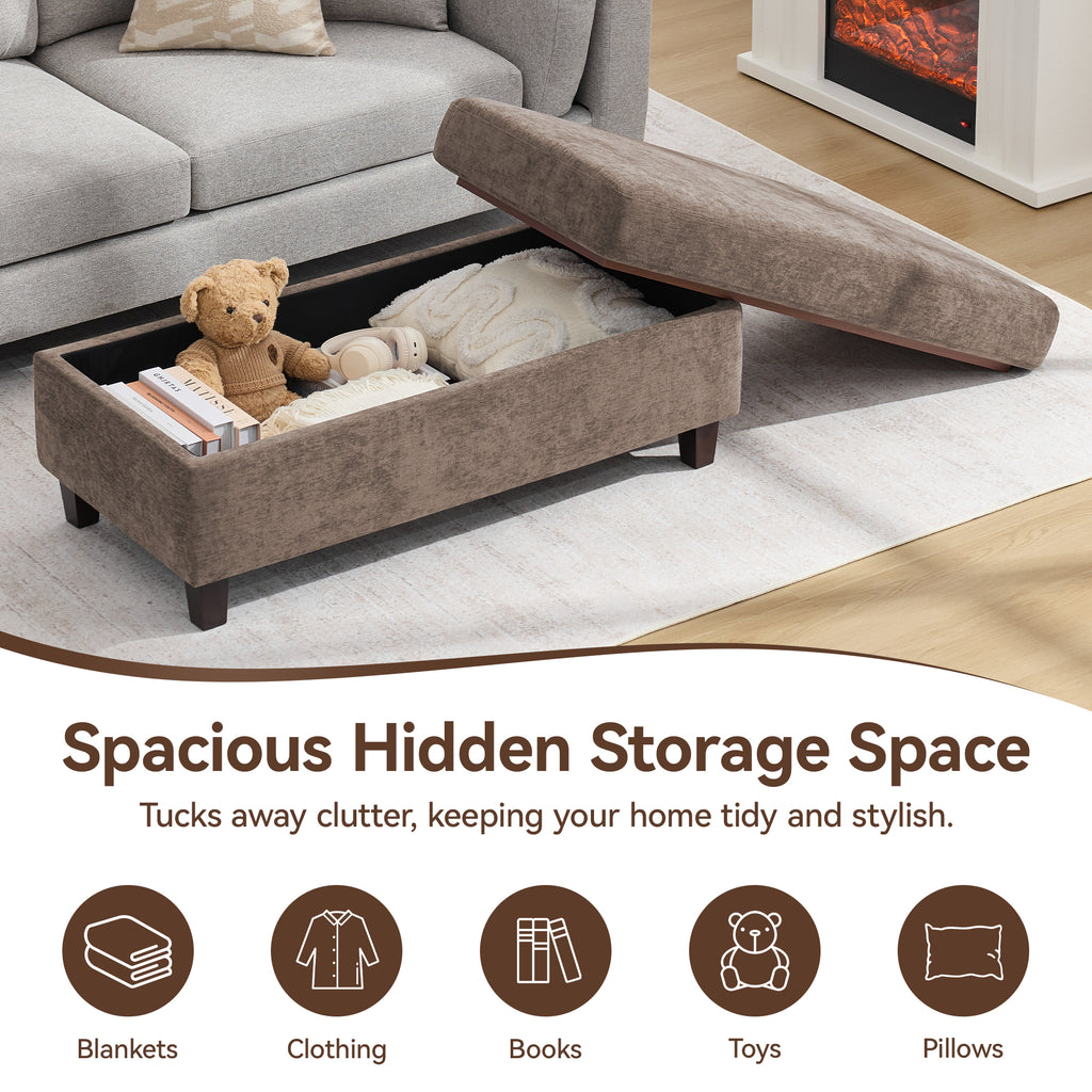 HASLE Storage Ottoman Bench with Wooden Tray, Upholstered Ottoman Coffee Table with Hidden Storage for Living Room Bedroom