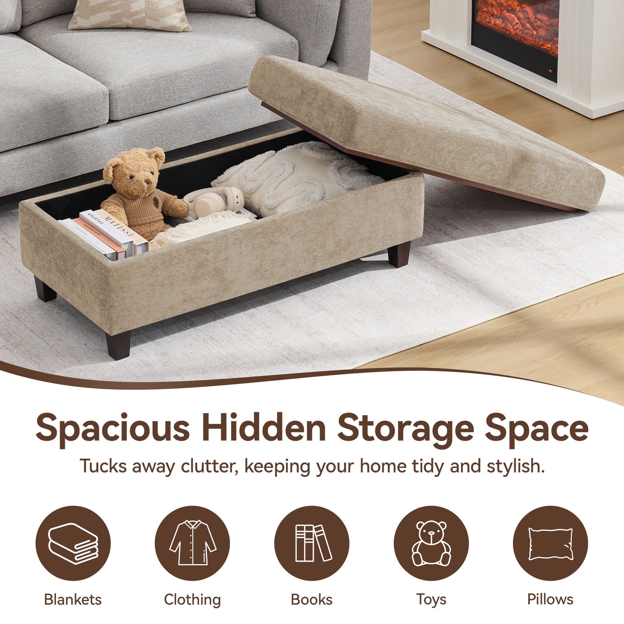 45 Inch Large Storage Ottoman Bench，Khaki