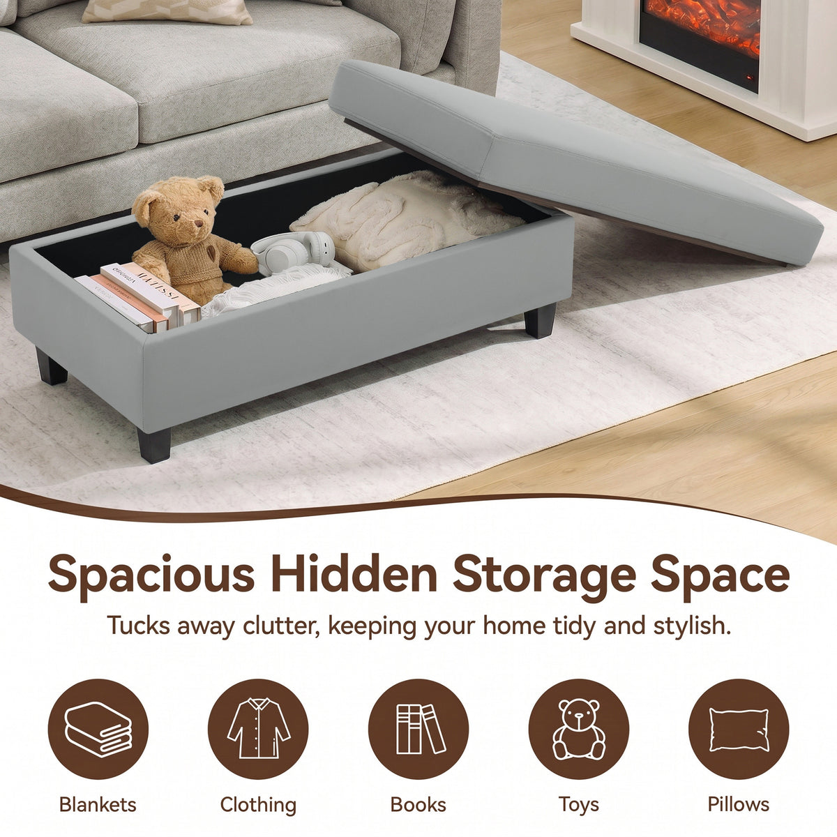 HASLE Storage Ottoman Bench with Wooden Tray, Upholstered Ottoman Coffee Table with Hidden Storage for Living Room Bedroom
