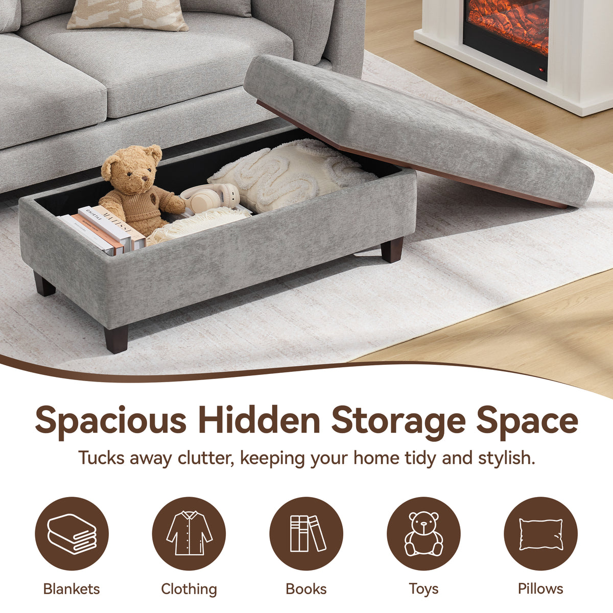 HASLE Storage Ottoman Bench with Wooden Tray, Upholstered Ottoman Coffee Table with Hidden Storage for Living Room Bedroom