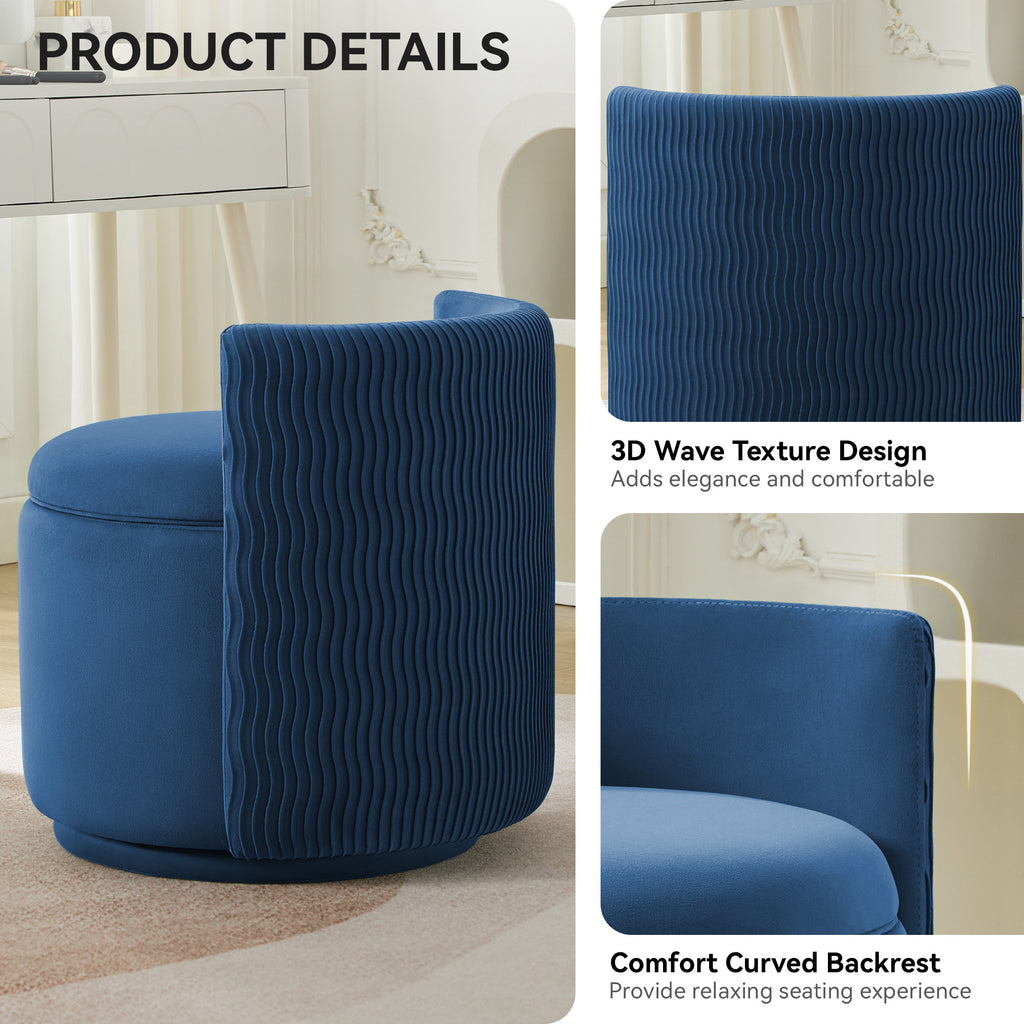 Velvet Swivel Accent Chair with Storage, 360° Vanity Makeup Chair with Wave Back, No Assembly Comfy Single Sofa Chair, Small Accent Stool for Bedroom, Dressing, Living Room