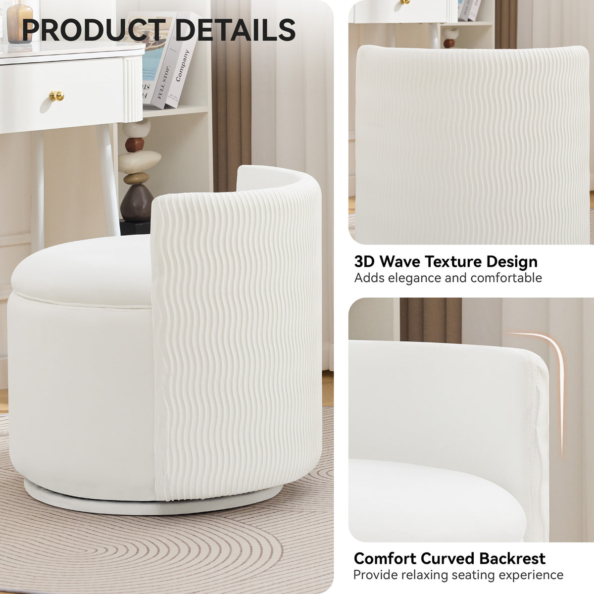 Velvet Swivel Accent Chair with Storage, 360° Vanity Makeup Chair with Wave Back, No Assembly Comfy Single Sofa Chair, Small Accent Stool for Bedroom, Dressing, Living Room