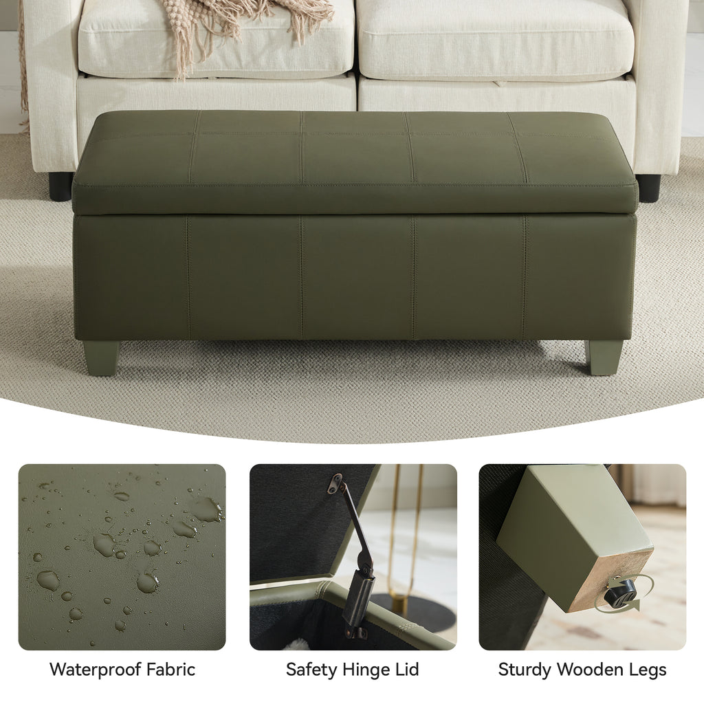 Faux Leather Storage Ottoman Bench, Rectangle Upholstered Storage Bench with Wooden Legs, Stitch Tufted Bench with Storage for Bedroom, Living Room, Entryway