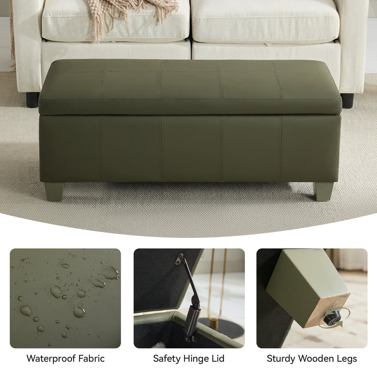 Faux Leather Storage Ottoman Bench, Rectangle Upholstered Storage Bench with Wooden Legs, Stitch Tufted Bench with Storage for Bedroom, Living Room, Entryway