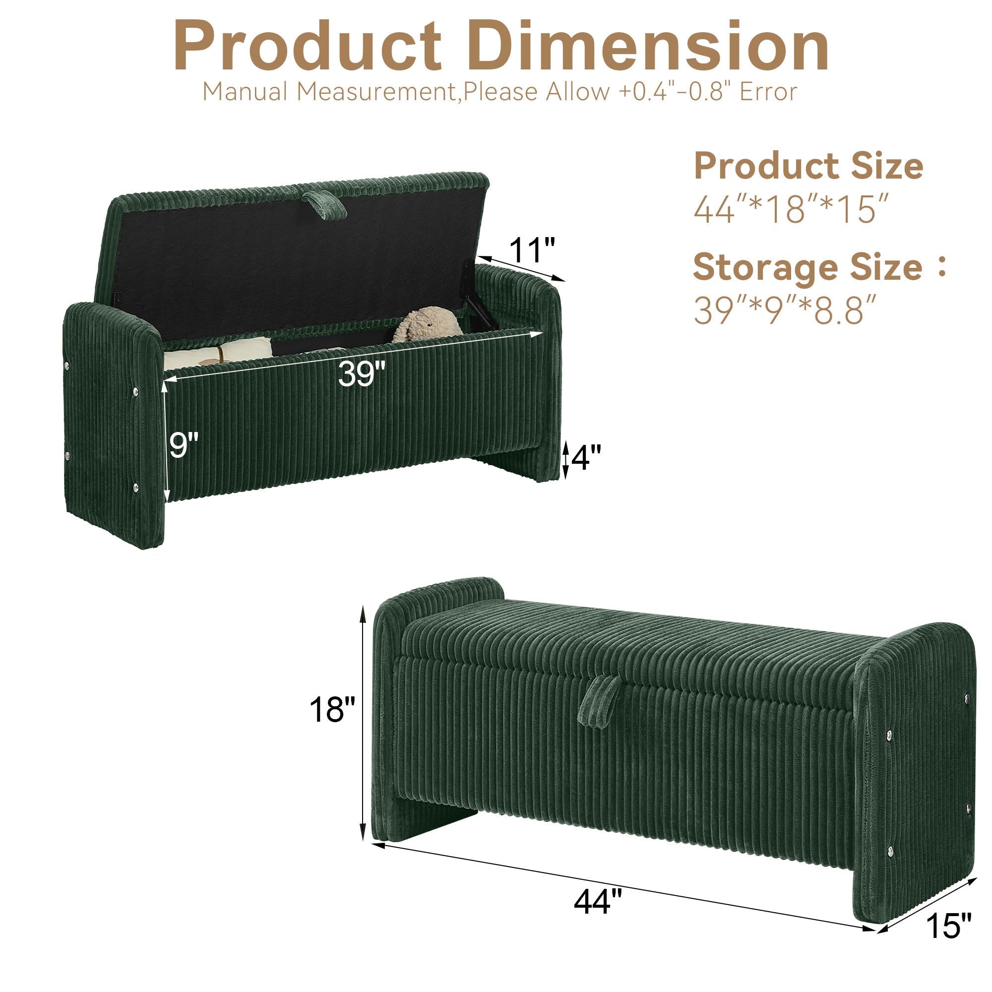 44'' Corduroy Storage Ottoman Bench, Green