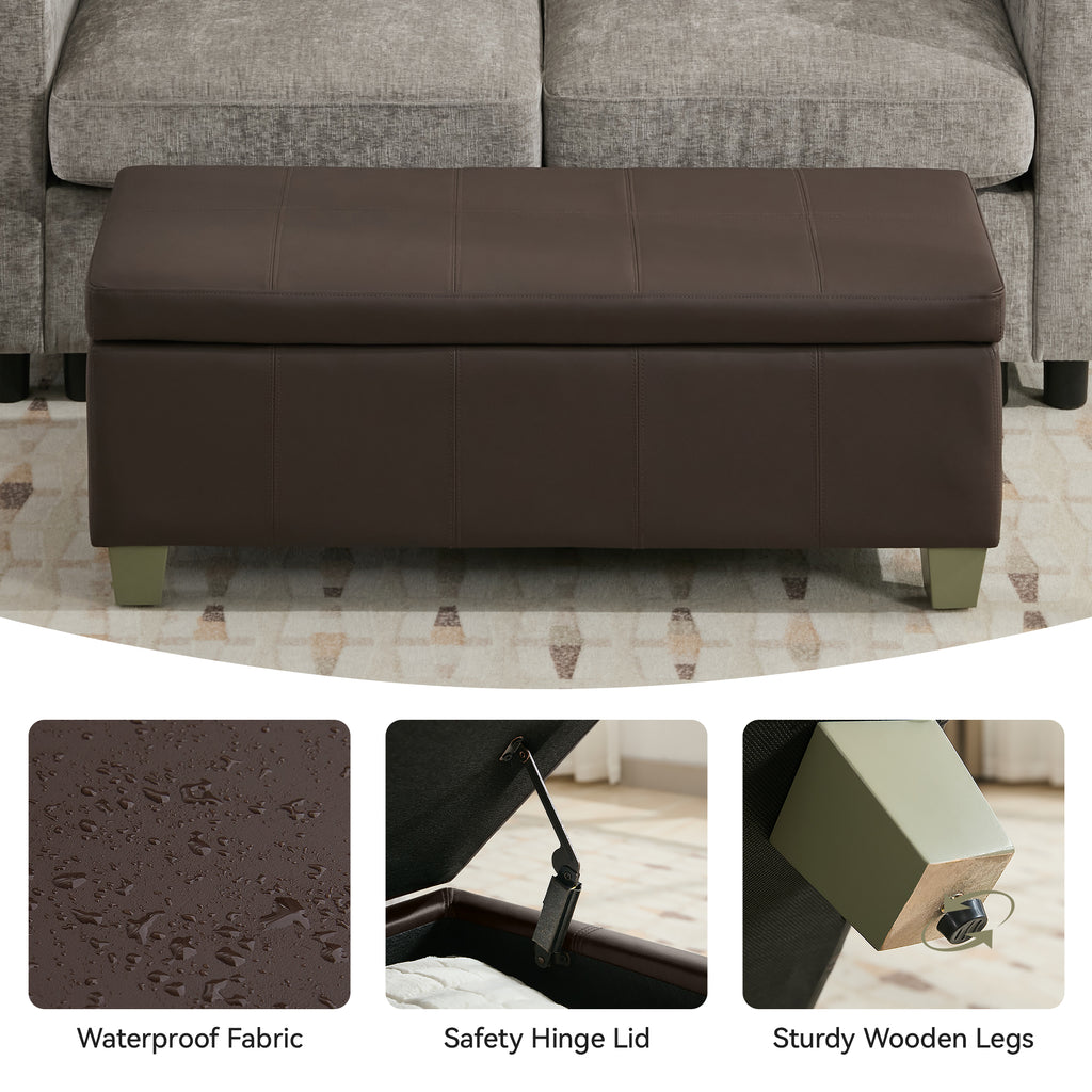Faux Leather Storage Ottoman Bench, Rectangle Upholstered Storage Bench with Wooden Legs, Stitch Tufted Bench with Storage for Bedroom, Living Room, Entryway
