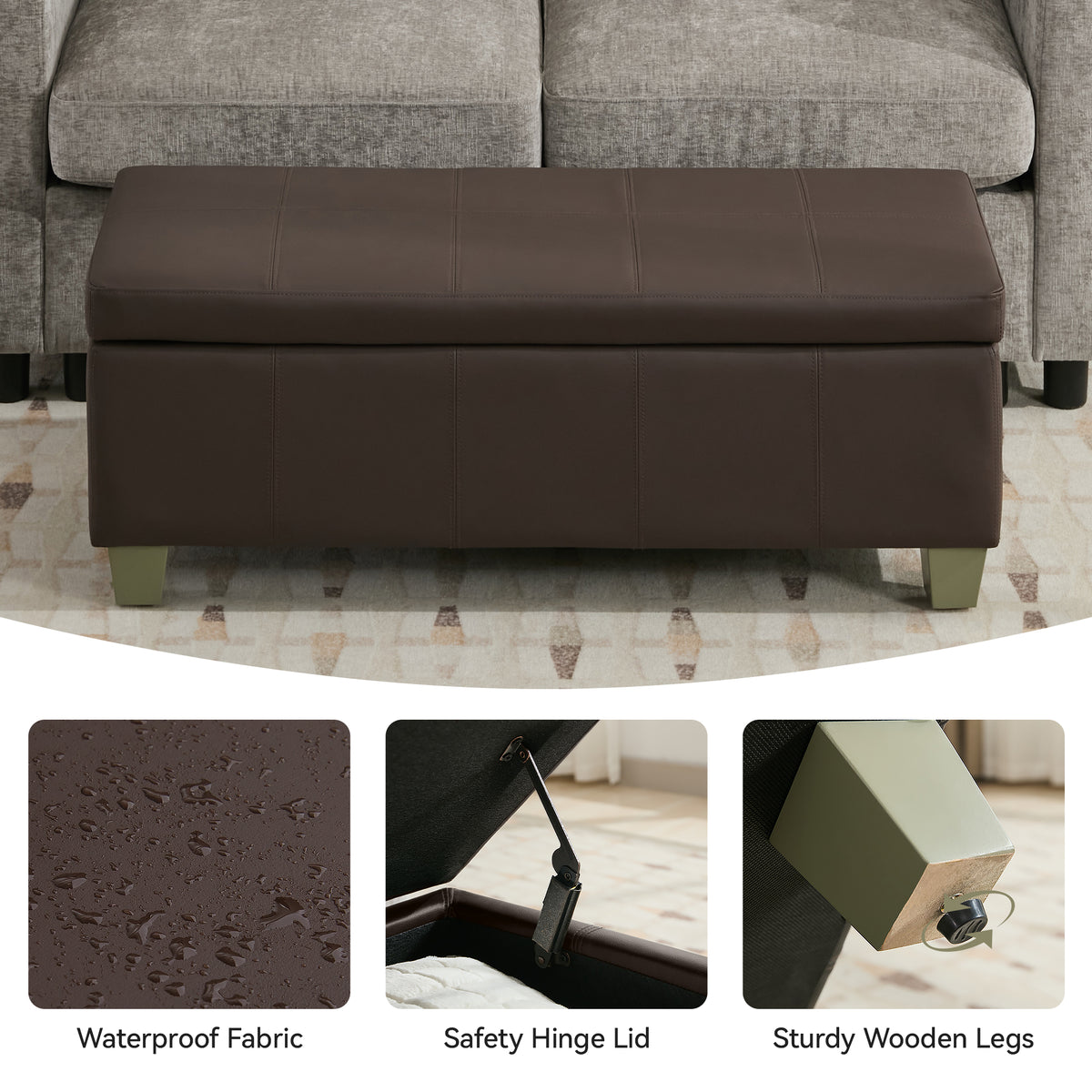 Faux Leather Storage Ottoman Bench, Rectangle Upholstered Storage Bench with Wooden Legs, Stitch Tufted Bench with Storage for Bedroom, Living Room, Entryway