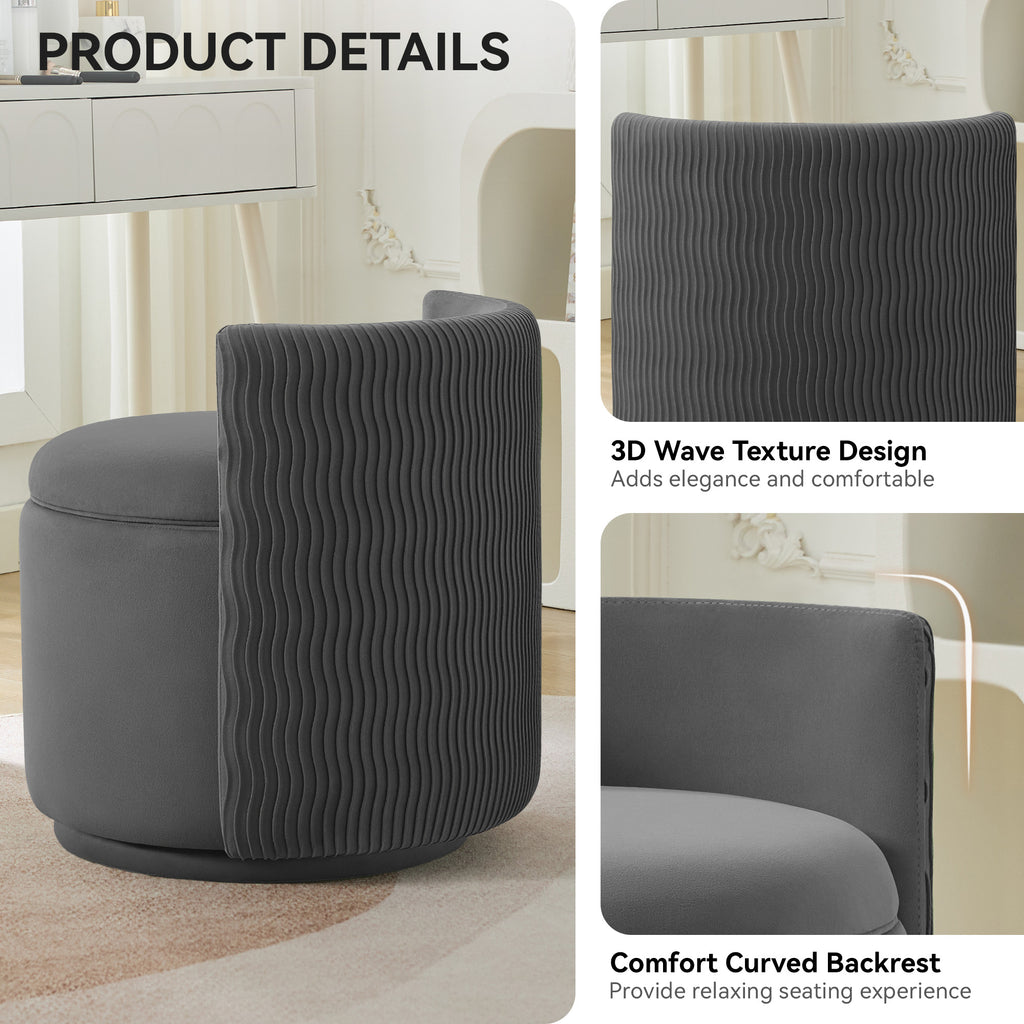 Velvet Swivel Accent Chair with Storage, 360° Vanity Makeup Chair with Wave Back, No Assembly Comfy Single Sofa Chair, Small Accent Stool for Bedroom, Dressing, Living Room