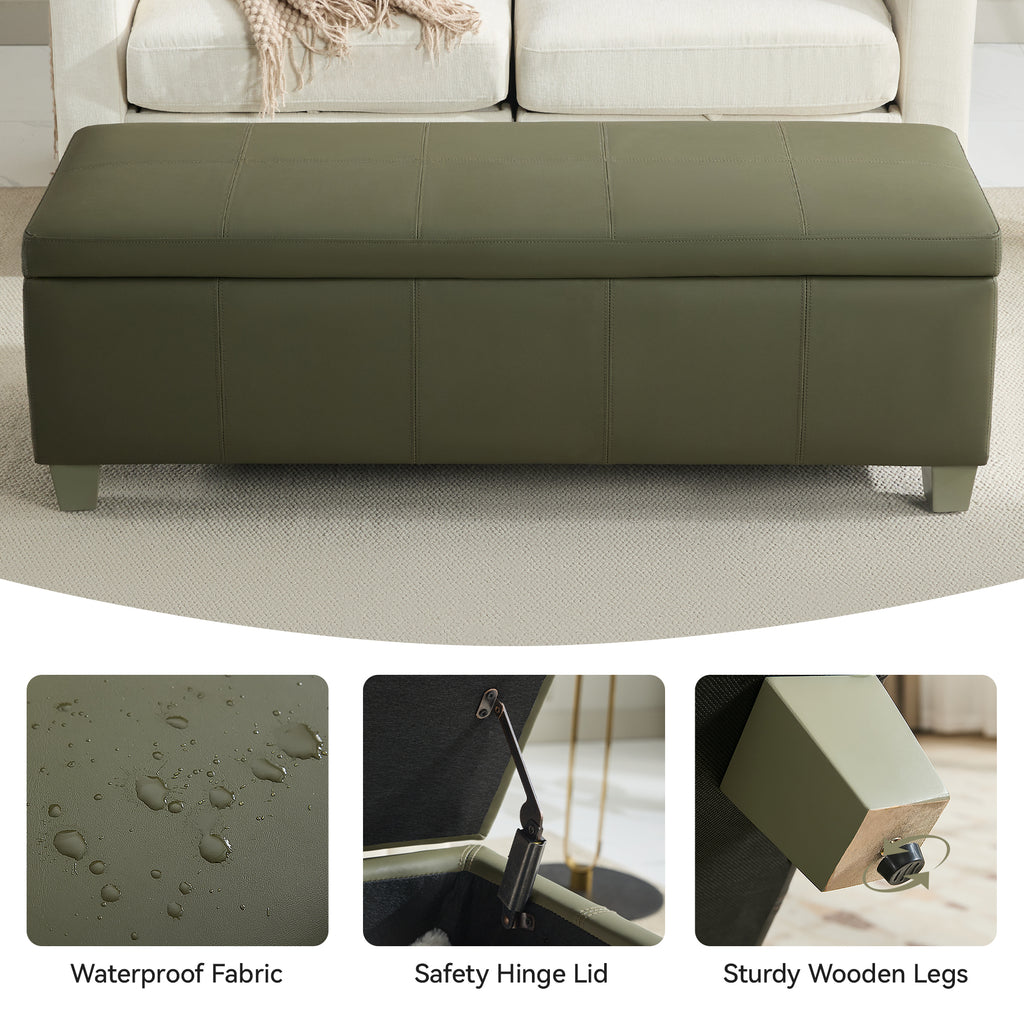 Faux Leather Storage Ottoman Bench, Rectangle Upholstered Storage Bench with Wooden Legs, Stitch Tufted Bench with Storage for Bedroom, Living Room, Entryway