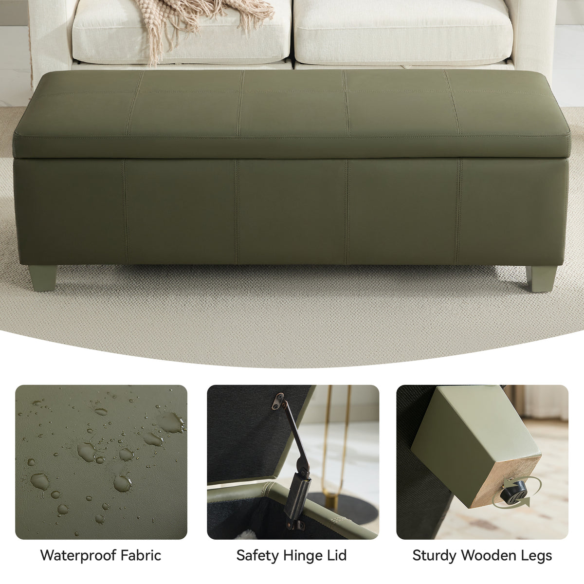 Faux Leather Storage Ottoman Bench, Rectangle Upholstered Storage Bench with Wooden Legs, Stitch Tufted Bench with Storage for Bedroom, Living Room, Entryway