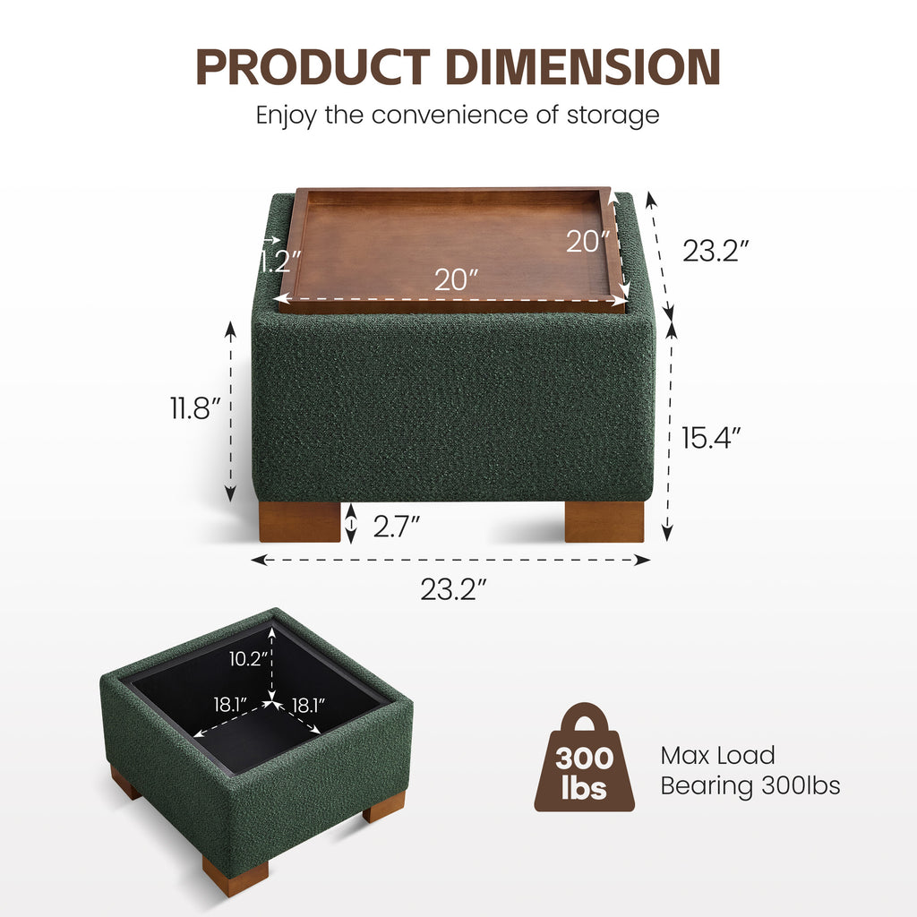 24" Square Storage Ottoman，Green