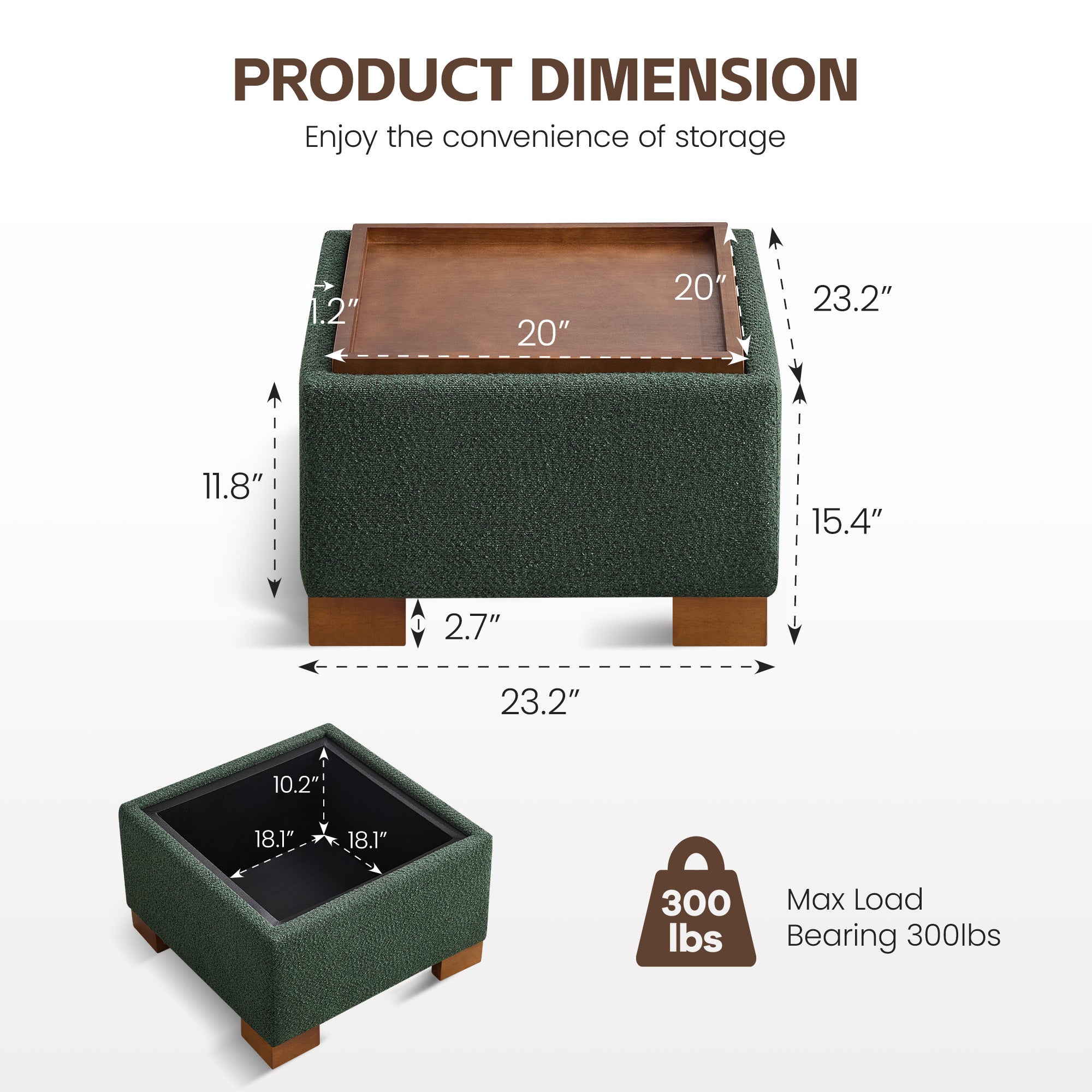 24" Square Storage Ottoman，Green