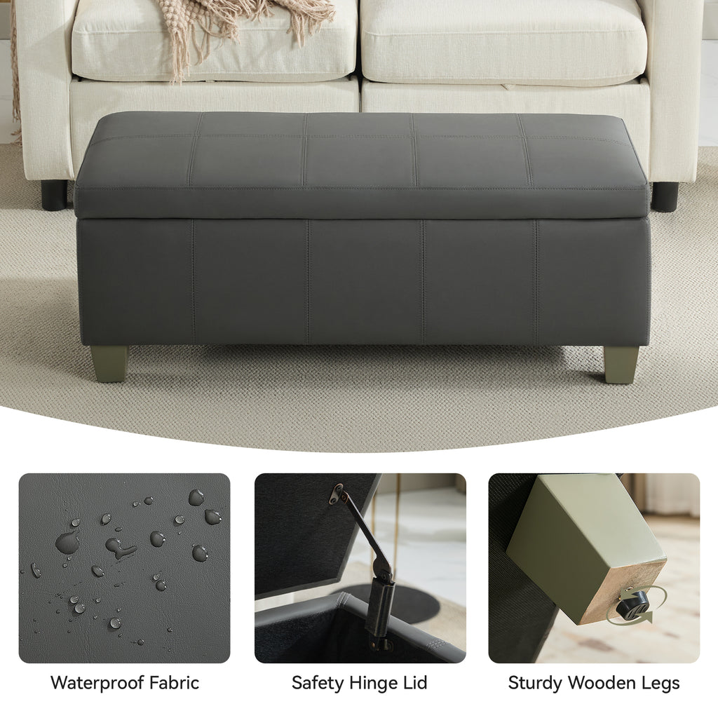 Faux Leather Storage Ottoman Bench, Rectangle Upholstered Storage Bench with Wooden Legs, Stitch Tufted Bench with Storage for Bedroom, Living Room, Entryway