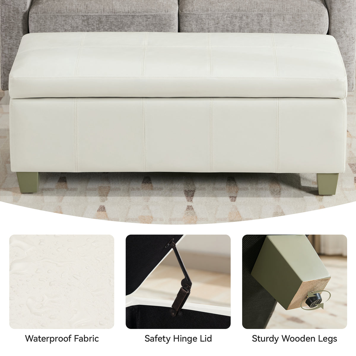 Faux Leather Storage Ottoman Bench, Rectangle Upholstered Storage Bench with Wooden Legs, Stitch Tufted Bench with Storage for Bedroom, Living Room, Entryway