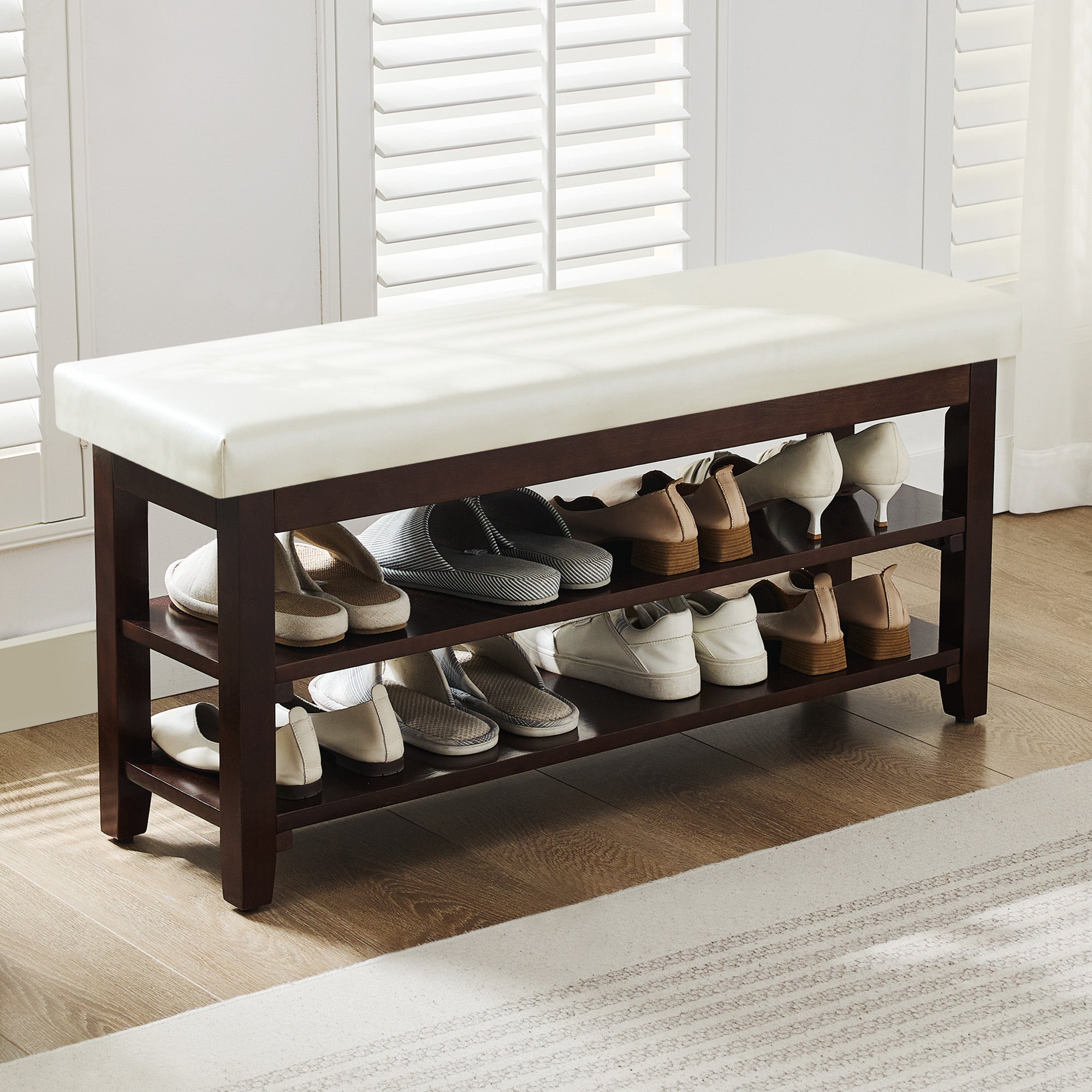 40" Shoe Bench with Leather Cushion, White