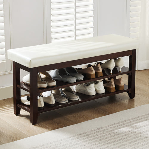 40" Shoe Bench with Leather Cushion, White