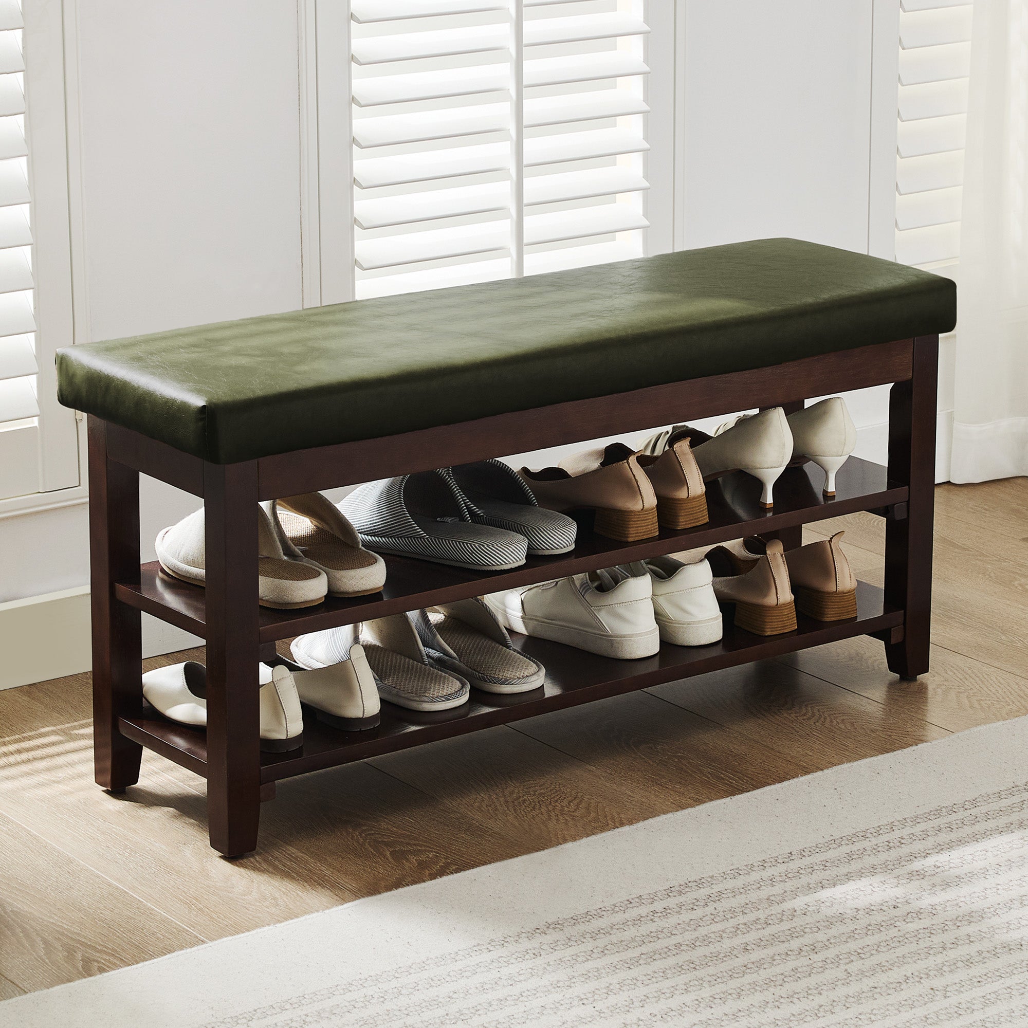 40" Shoe Bench with Leather Cushion, Green