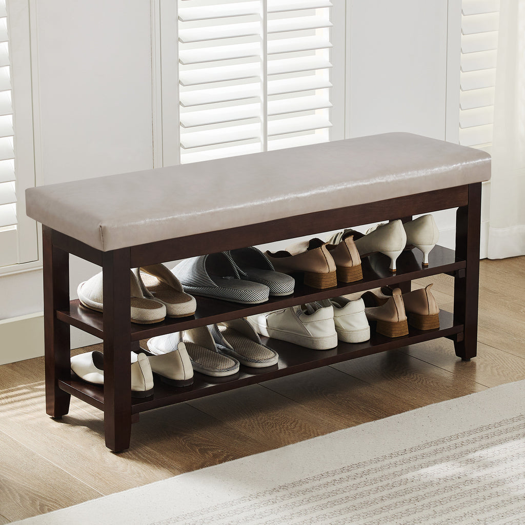 40" Shoe Bench with Leather Cushion, Gray
