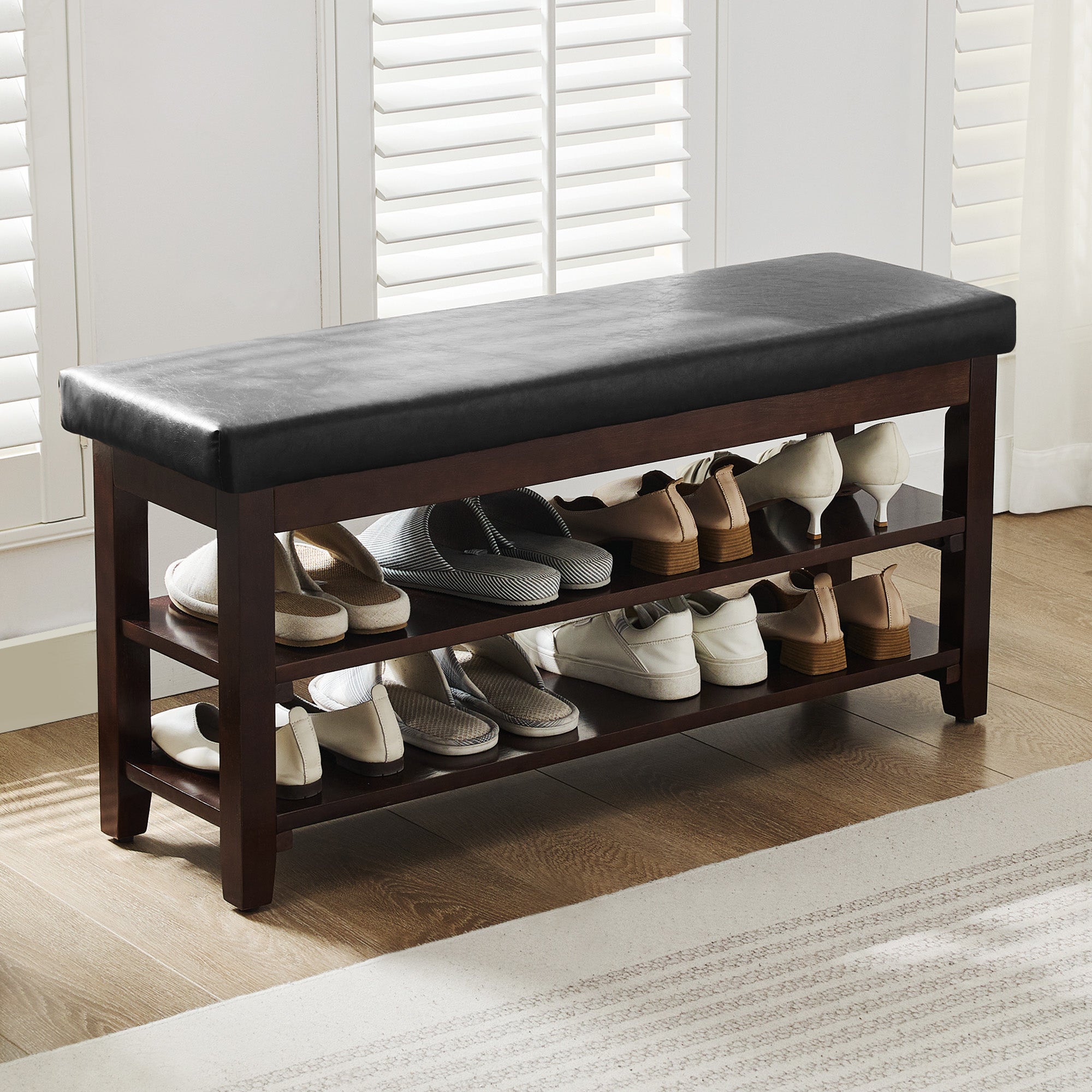 40" Shoe Bench with Leather Cushion, Black