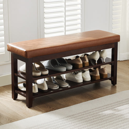 40" Shoe Bench with Leather Cushion, Bright Brown