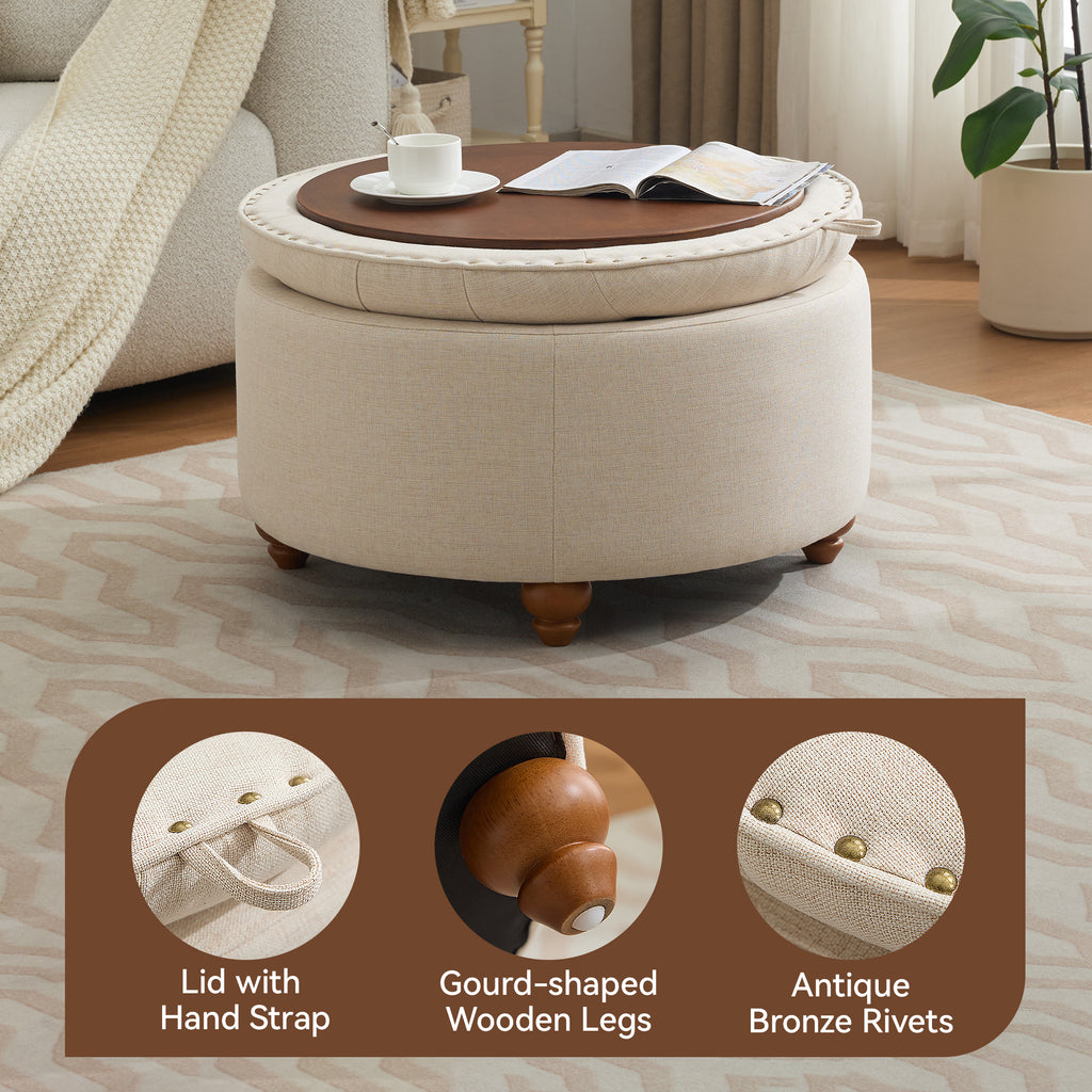 30'' Round Ottoman with Storage, Modern Tufted Storage Ottoman with Removable Top for Living Room, Bedroom, Khaki