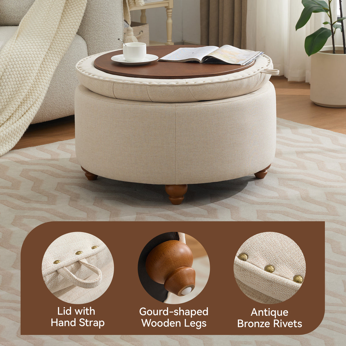 30'' Round Ottoman with Storage, Modern Tufted Storage Ottoman with Removable Top for Living Room, Bedroom, Khaki