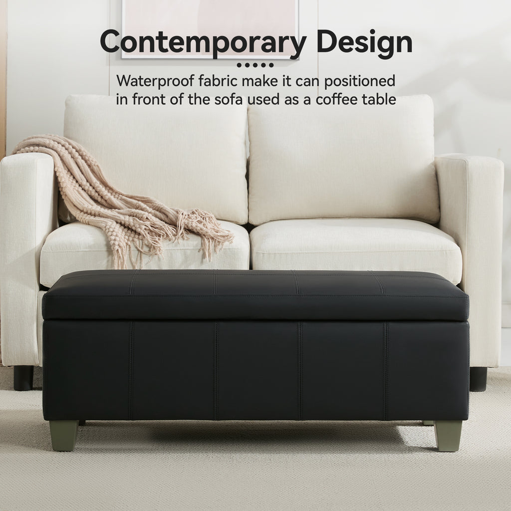 Faux Leather Storage Ottoman Bench, Rectangle Upholstered Storage Bench with Wooden Legs, Stitch Tufted Bench with Storage for Bedroom, Living Room, Entryway