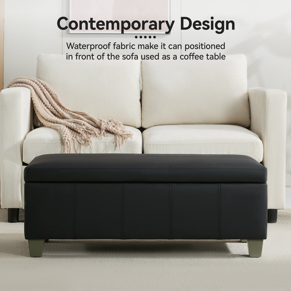 Faux Leather Storage Ottoman Bench, Rectangle Upholstered Storage Bench with Wooden Legs, Stitch Tufted Bench with Storage for Bedroom, Living Room, Entryway