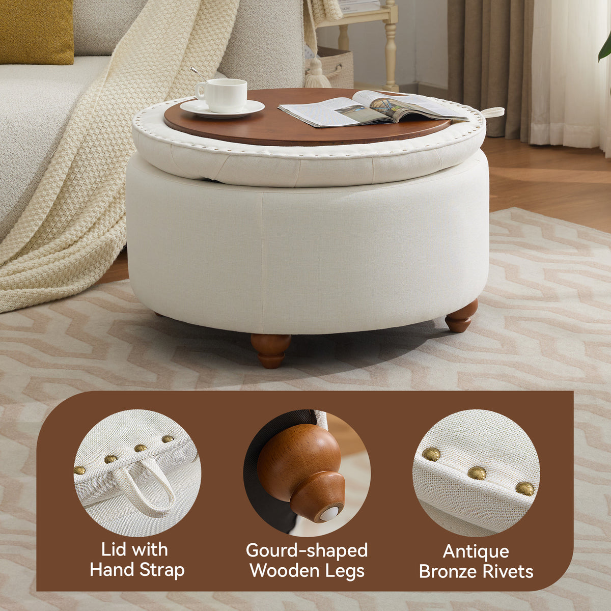 30'' Round Ottoman with Storage, Modern Tufted Storage Ottoman with Removable Top for Living Room, Bedroom, Beige