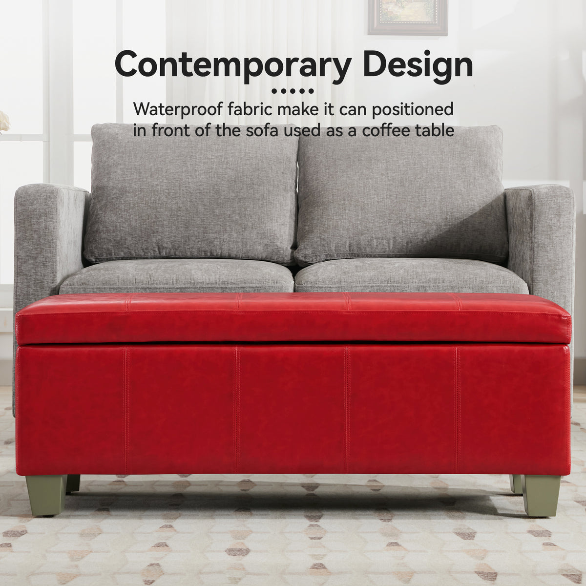 Faux Leather Storage Ottoman Bench, Rectangle Upholstered Storage Bench with Wooden Legs, Stitch Tufted Bench with Storage for Bedroom, Living Room, Entryway