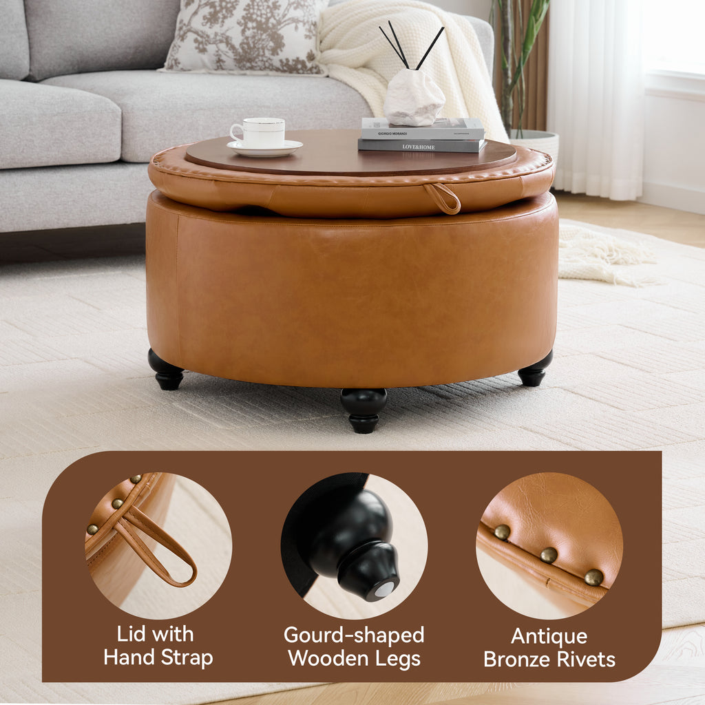 HASLE 30Inch Round Storage Ottoman with Tray, Modern Tufted Leather Circle Coffee Table with Storage, Upholstered Ottoman with Removable Top for Living Room, Bedroom, Leather Brown