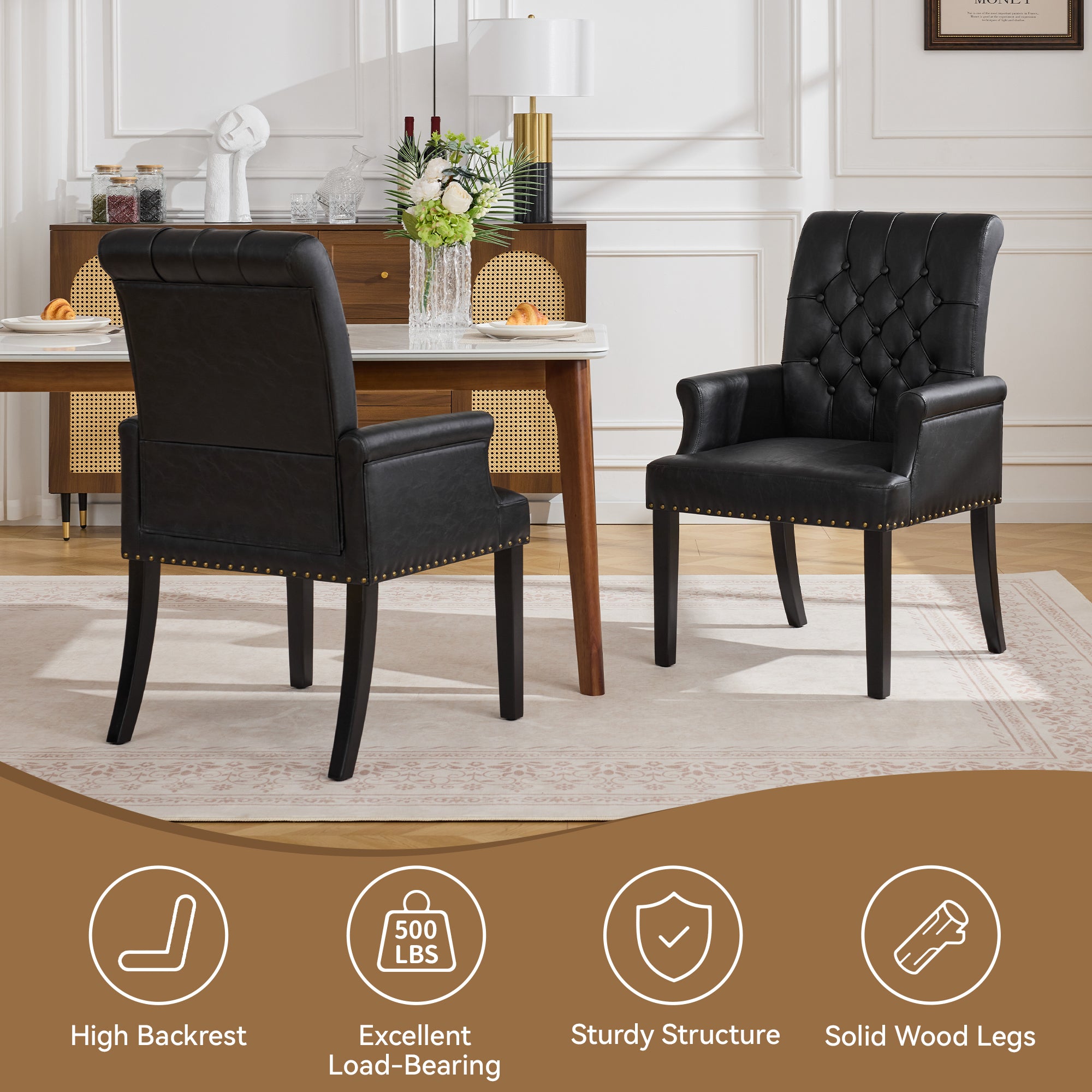 PU Leather Dining Chair with Arms, Black