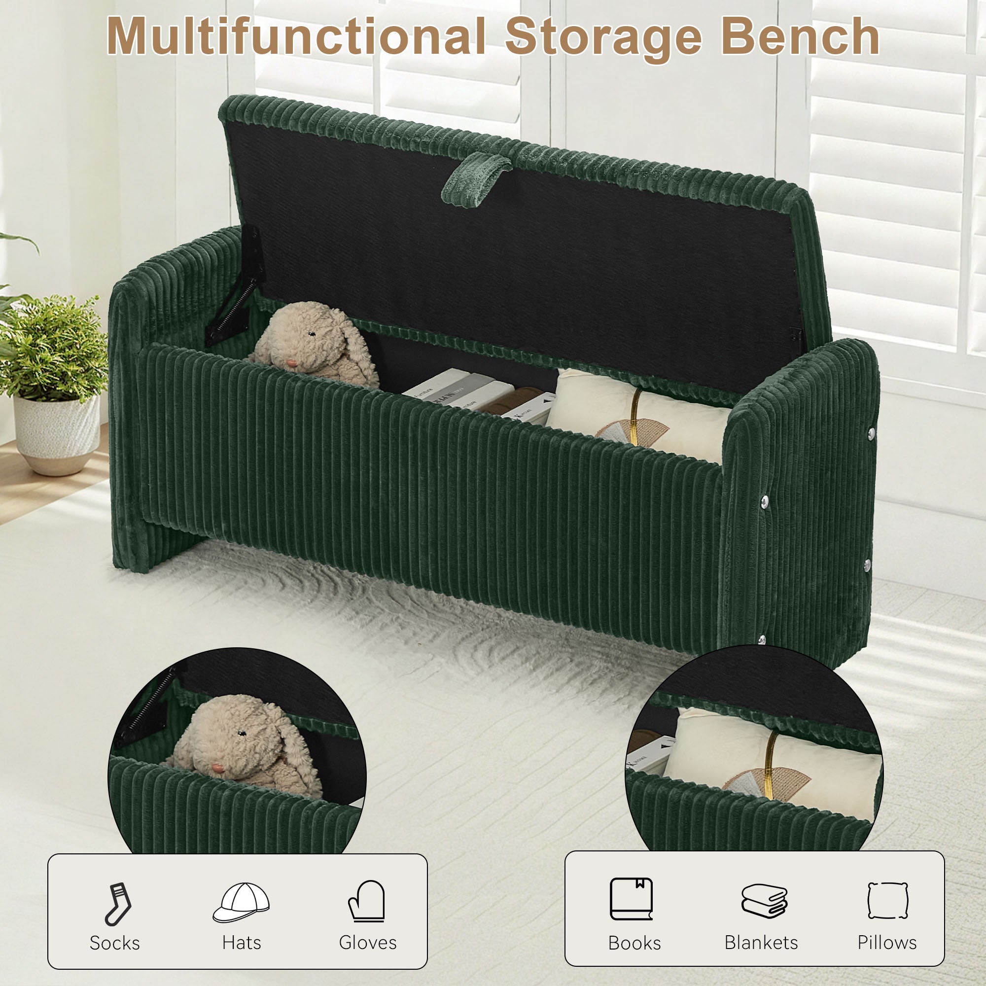 44'' Corduroy Storage Ottoman Bench, Green