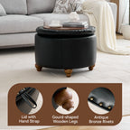 HASLE 24Inch Round Storage Ottoman with Tray, Modern Tufted Leather Circle Coffee Table with Storage, Upholstered Ottoman with Removable Top for Living Room, Bedroom, Leather Black