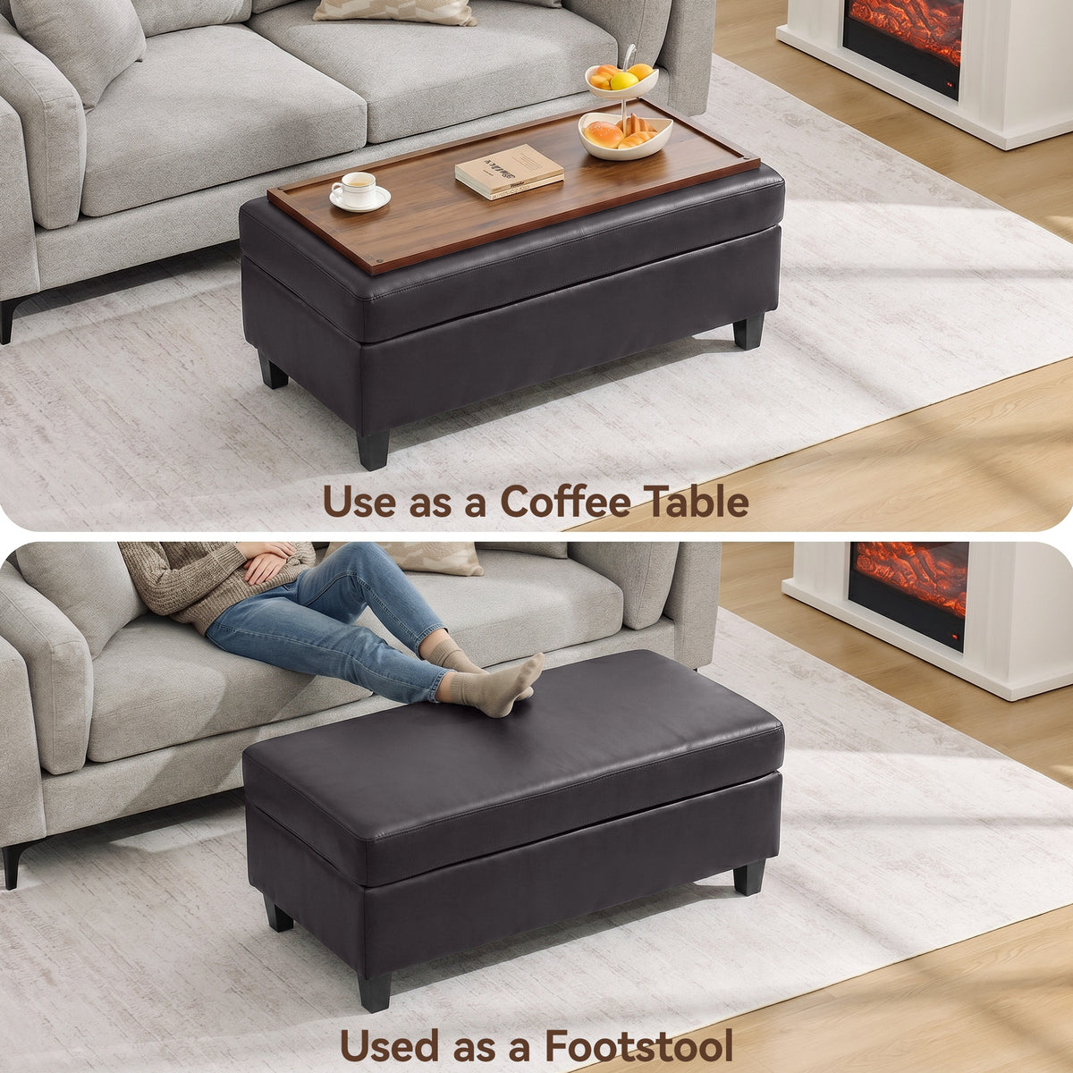 HASLE Storage Ottoman Bench with Wooden Tray, Upholstered Ottoman Coffee Table with Hidden Storage for Living Room Bedroom