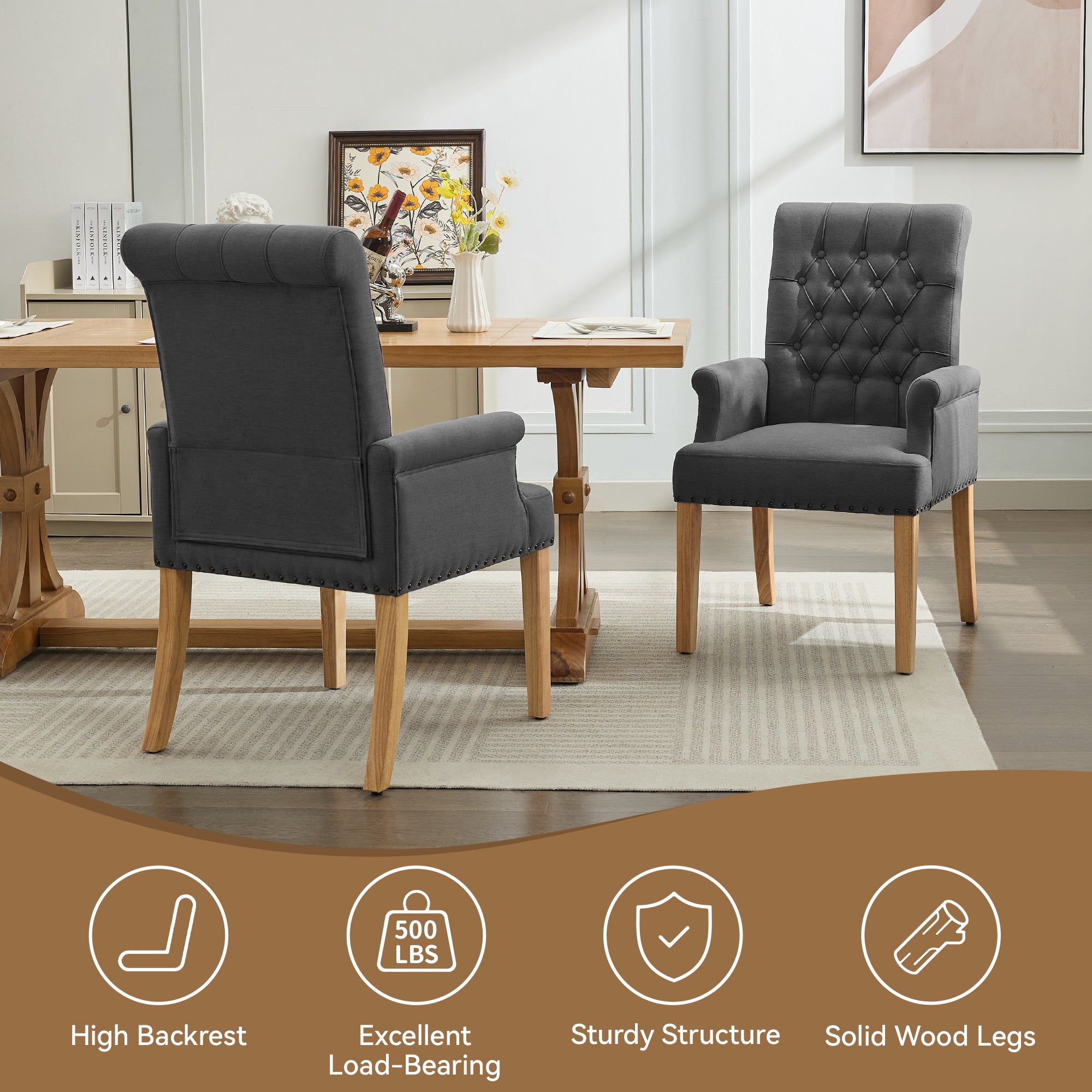 Fabric Dining Chair with Arms，Dark Gray