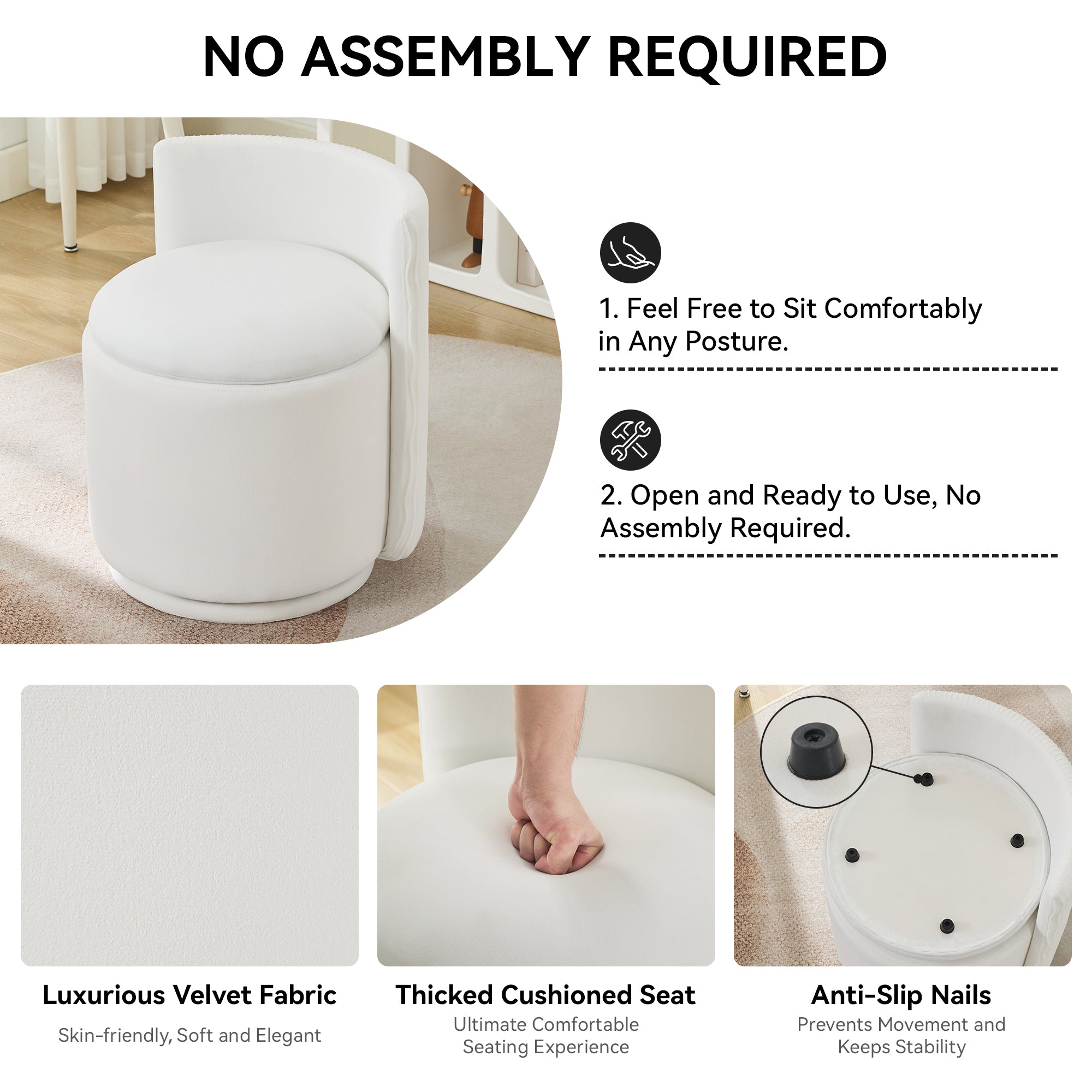 Vanity Chair with Storage，Velvet, White