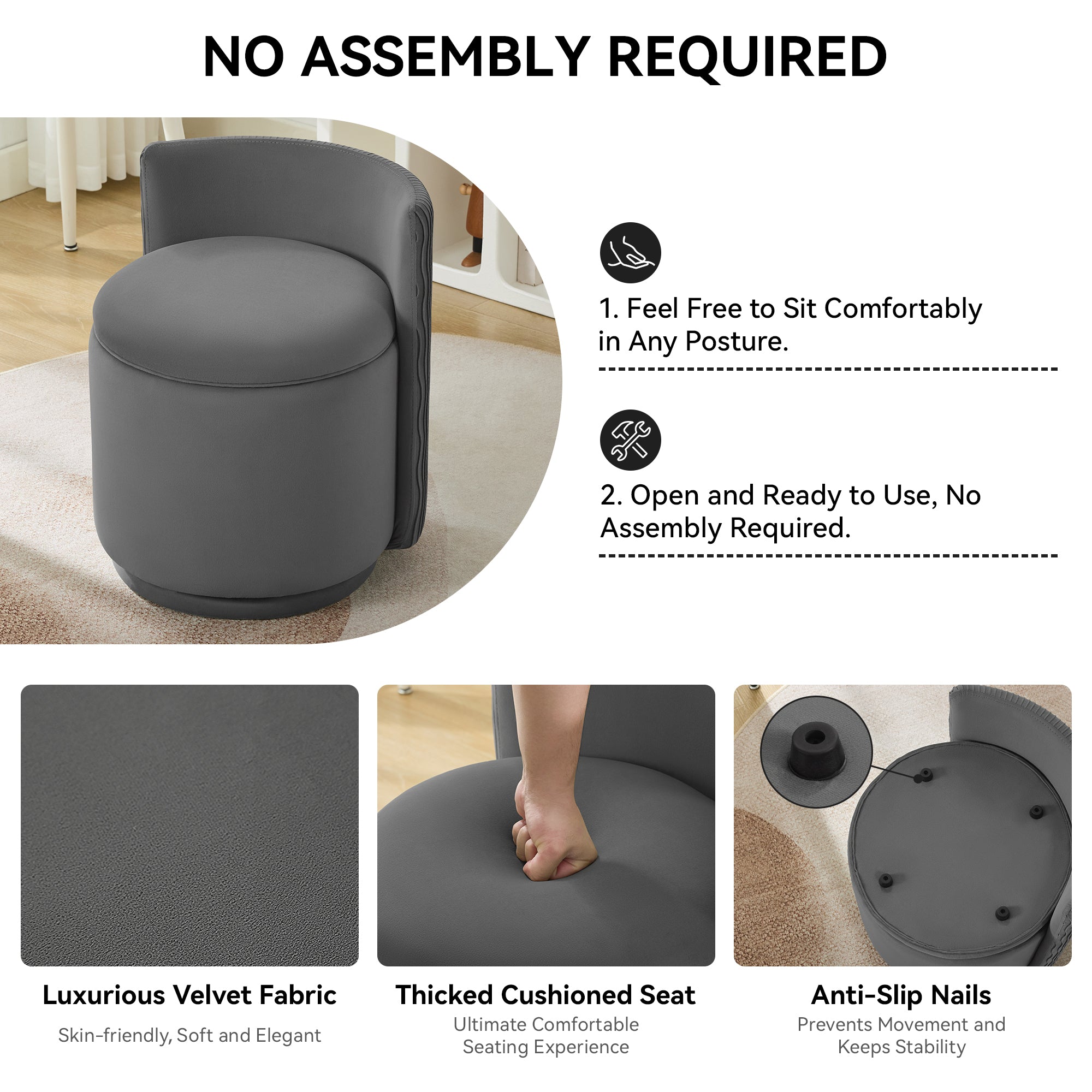 Vanity Chair with Storage，Velvet, Gray