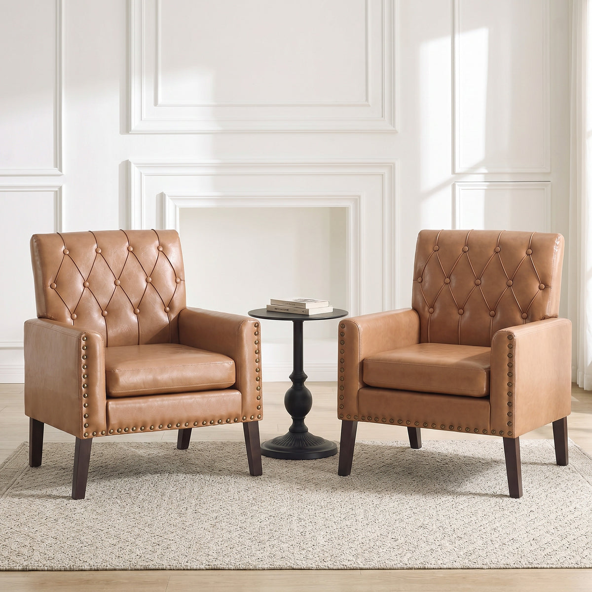 Mid Century Modern Accent Chair, Light Brown Faux Leather Club Chair for Living Room, Bedroom, Office, or Reception Room