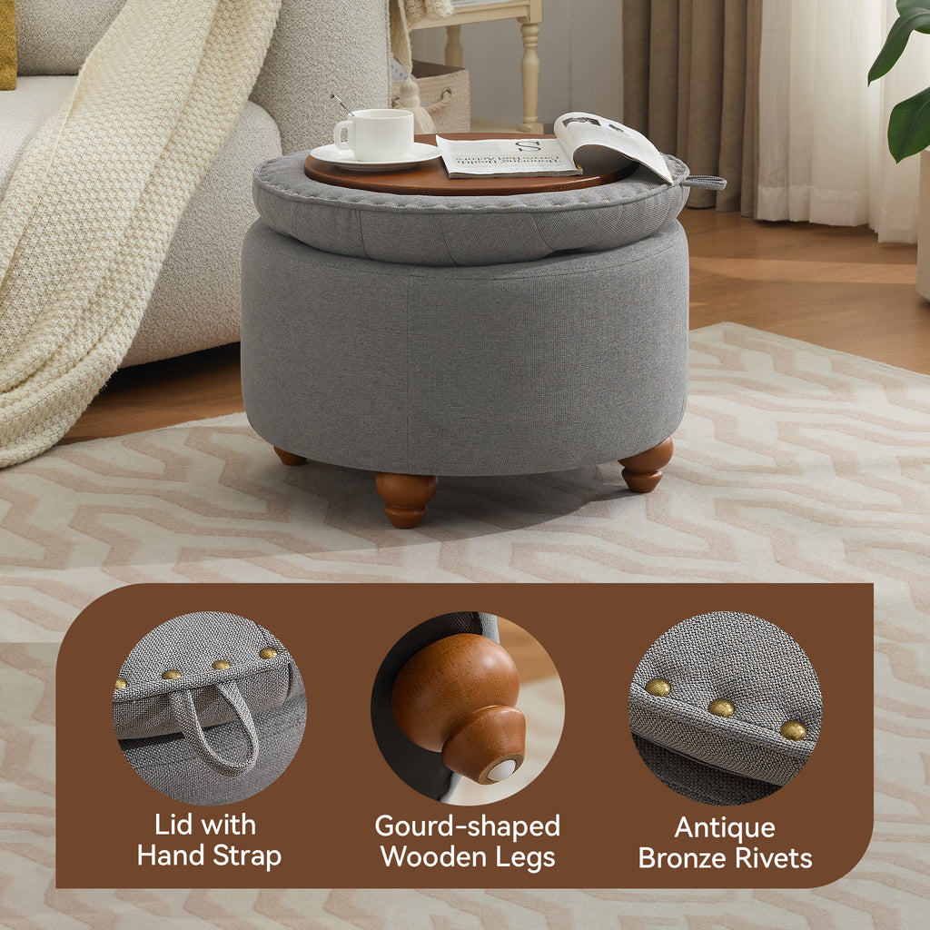 24'' Round Ottoman with Storage, Modern Tufted Fabric Storage Ottoman with Removable Top for Living Room, Bedroom, Light Gray
