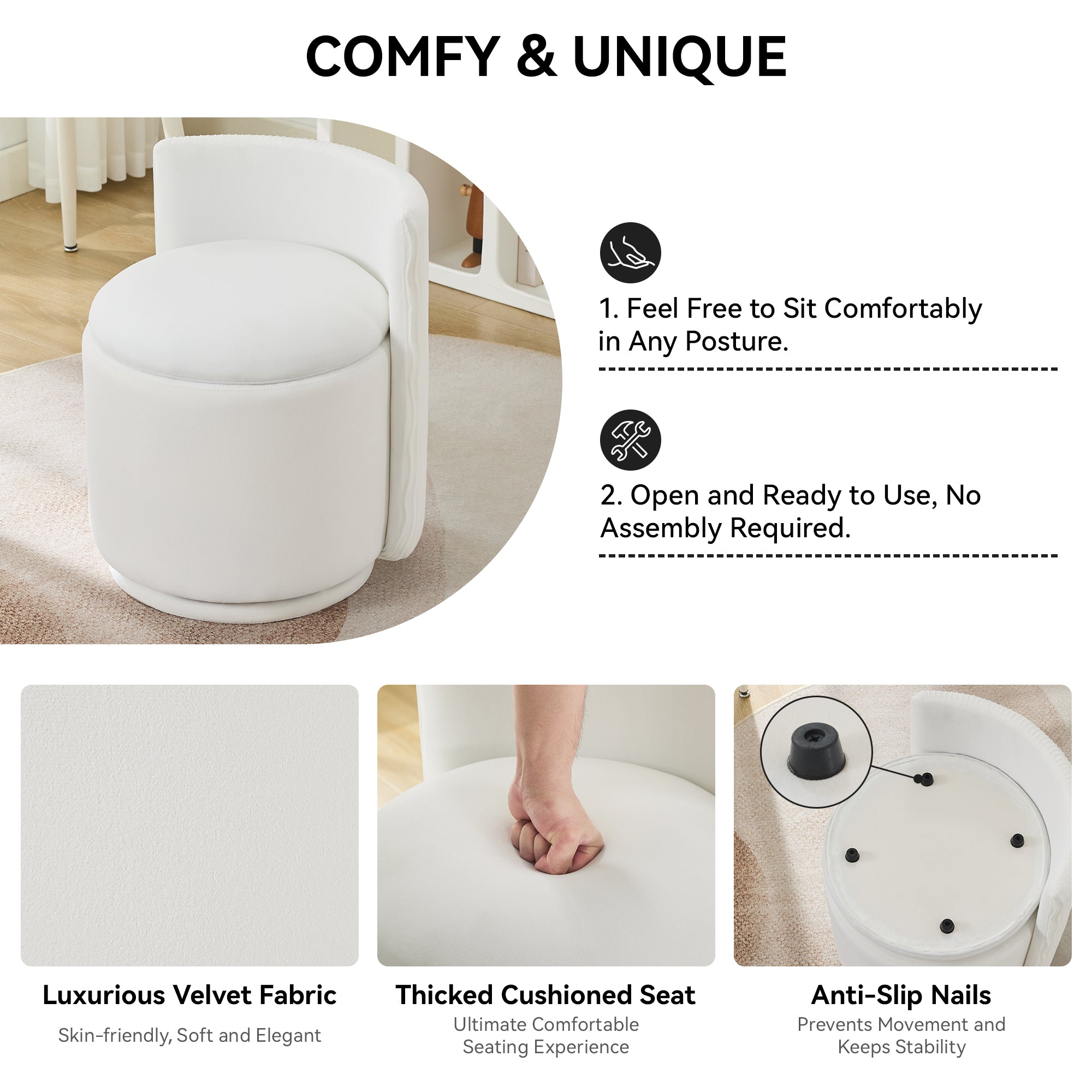 Vanity Chair with Storage，Velvet, White