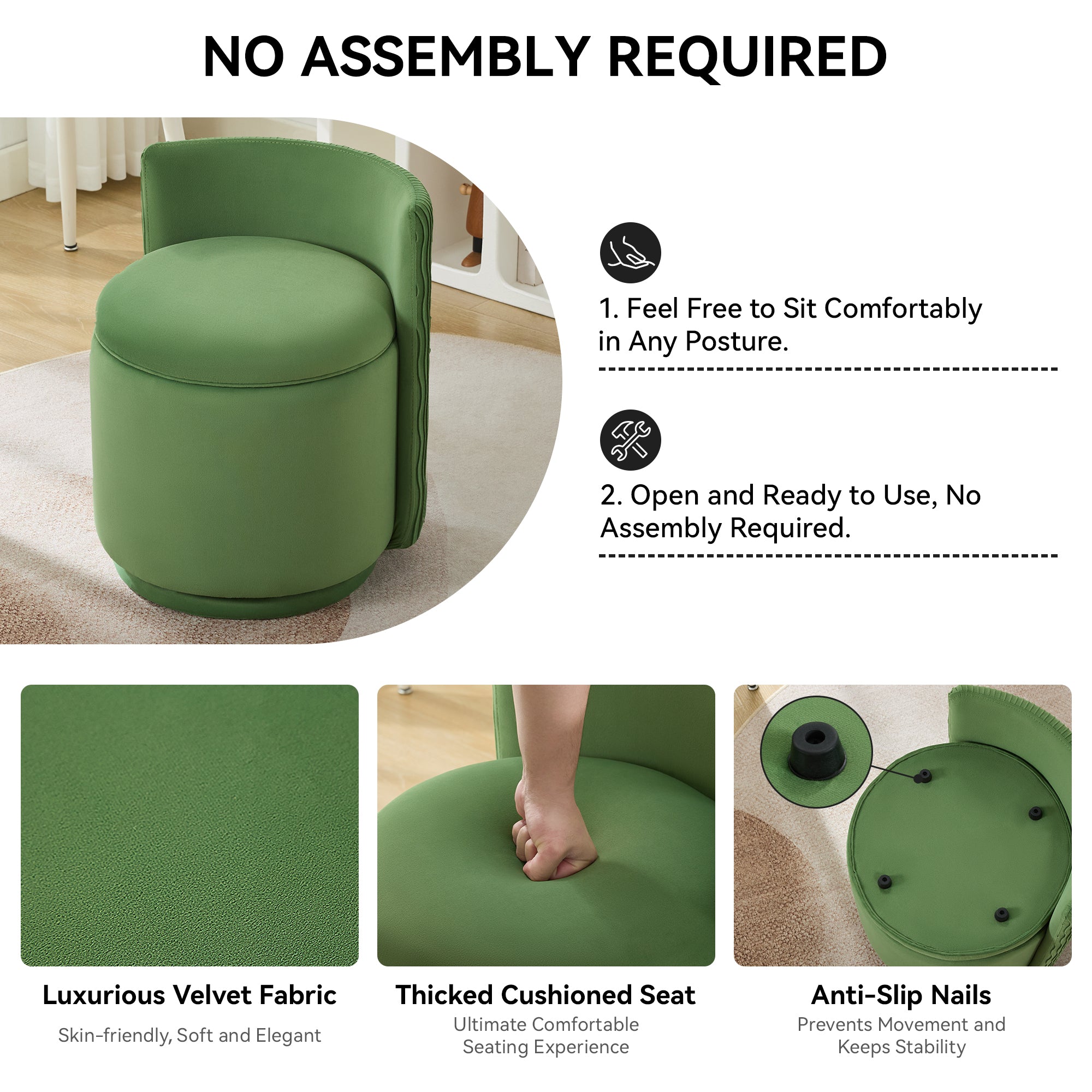 Vanity Chair with Storage，Velvet, Green