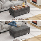 HASLE Storage Ottoman Bench with Wooden Tray, Upholstered Ottoman Coffee Table with Hidden Storage for Living Room Bedroom